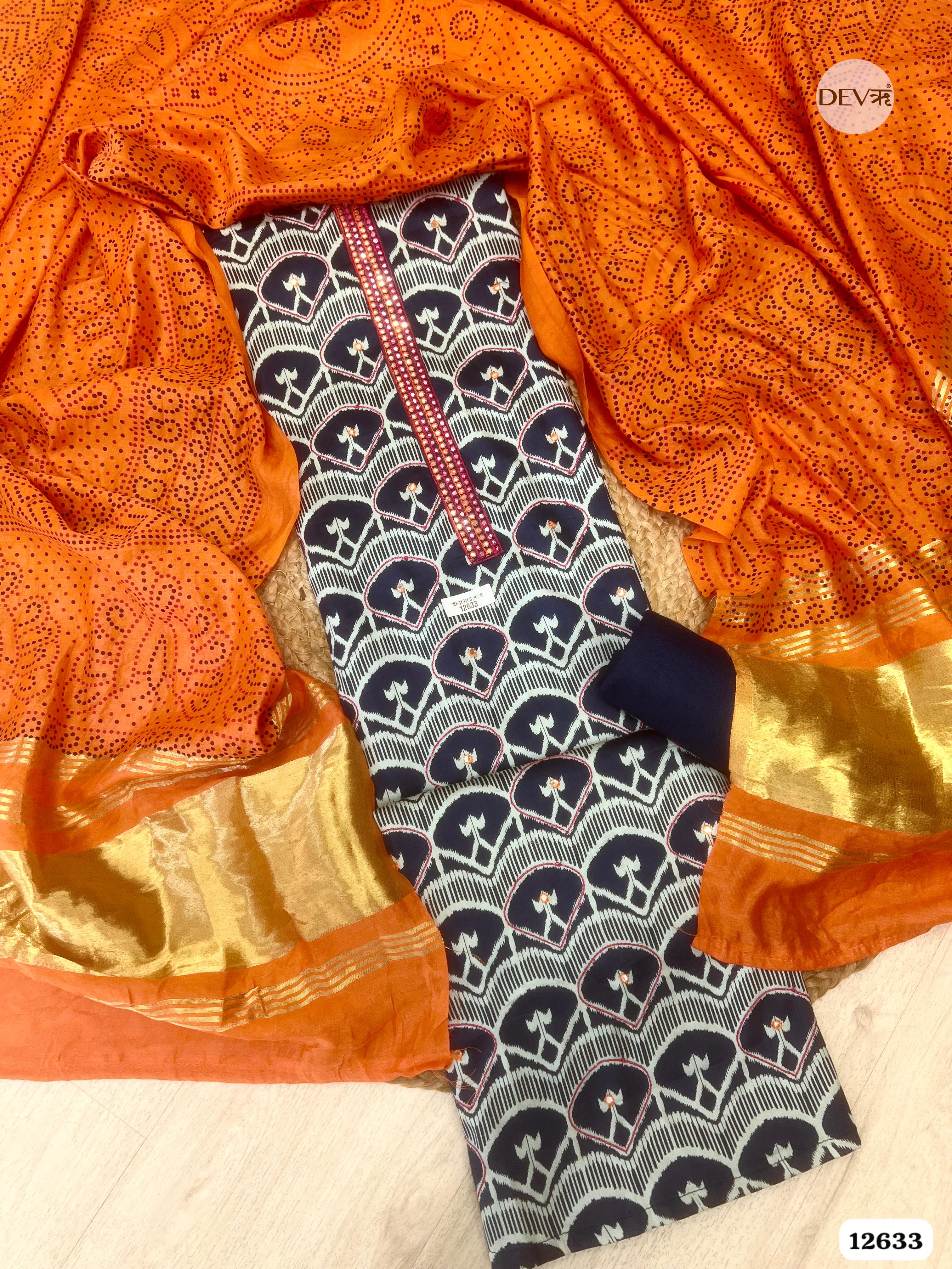 Navy Blue Cotton Printed Unstitched 3-Piece Suit (Devri – D.No 12633)