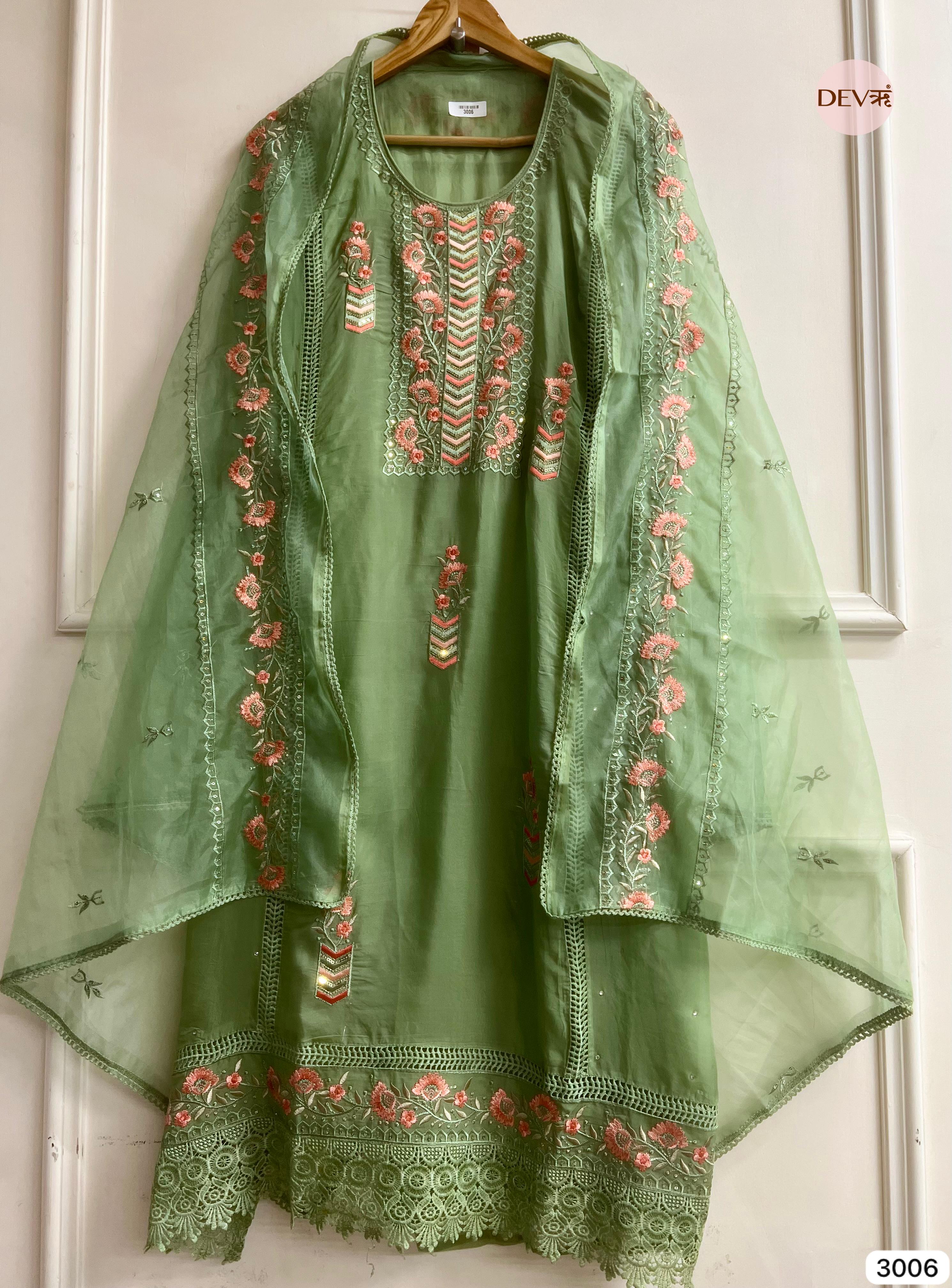 Mehendi Green Organza Embroidered Unstitched 3-Piece Suit (Devri – D.No 3006)