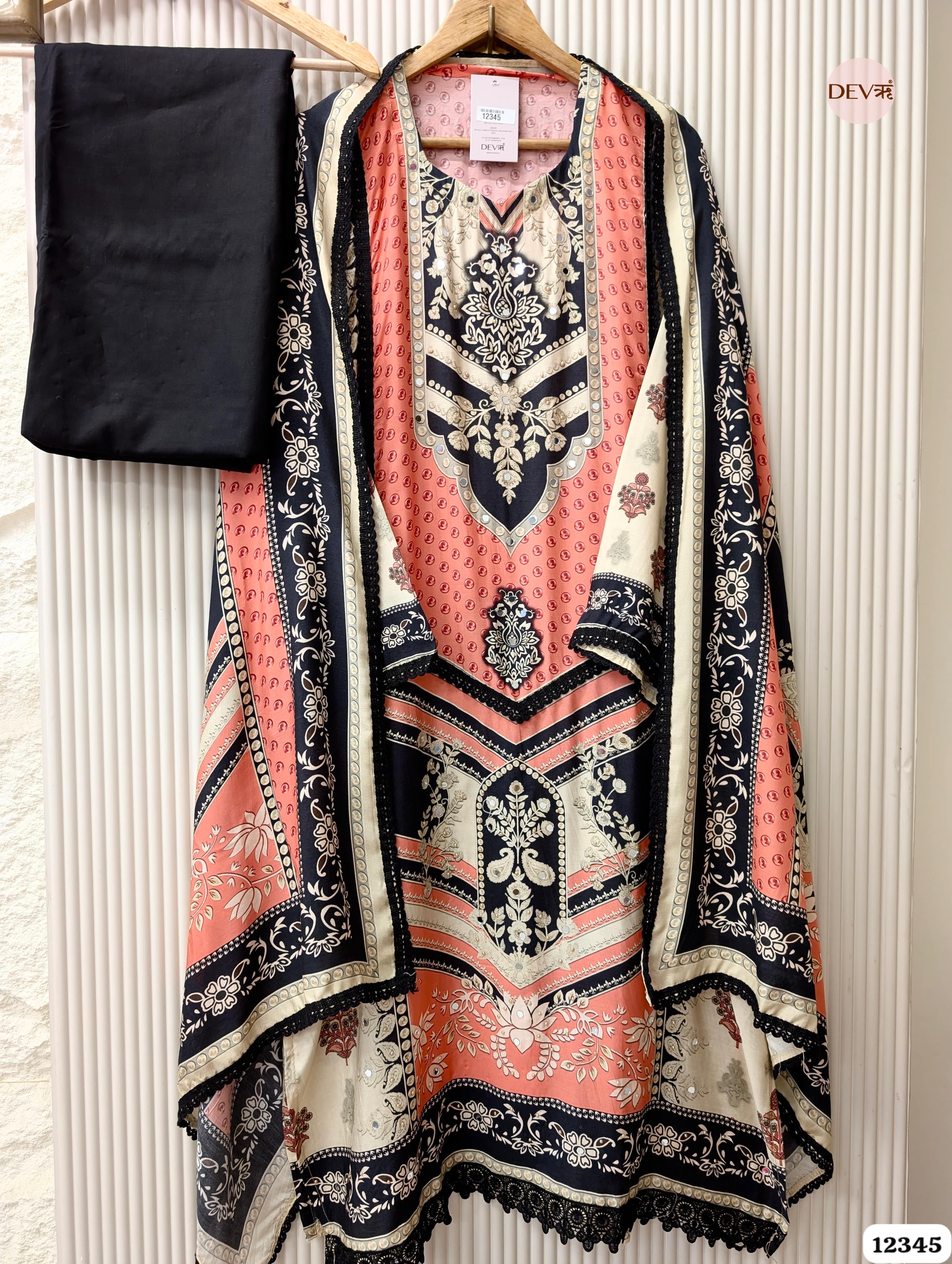 Coral & Black Muslin Printed Unstitched 3-Piece Suit (Devri – D.No. 12345)