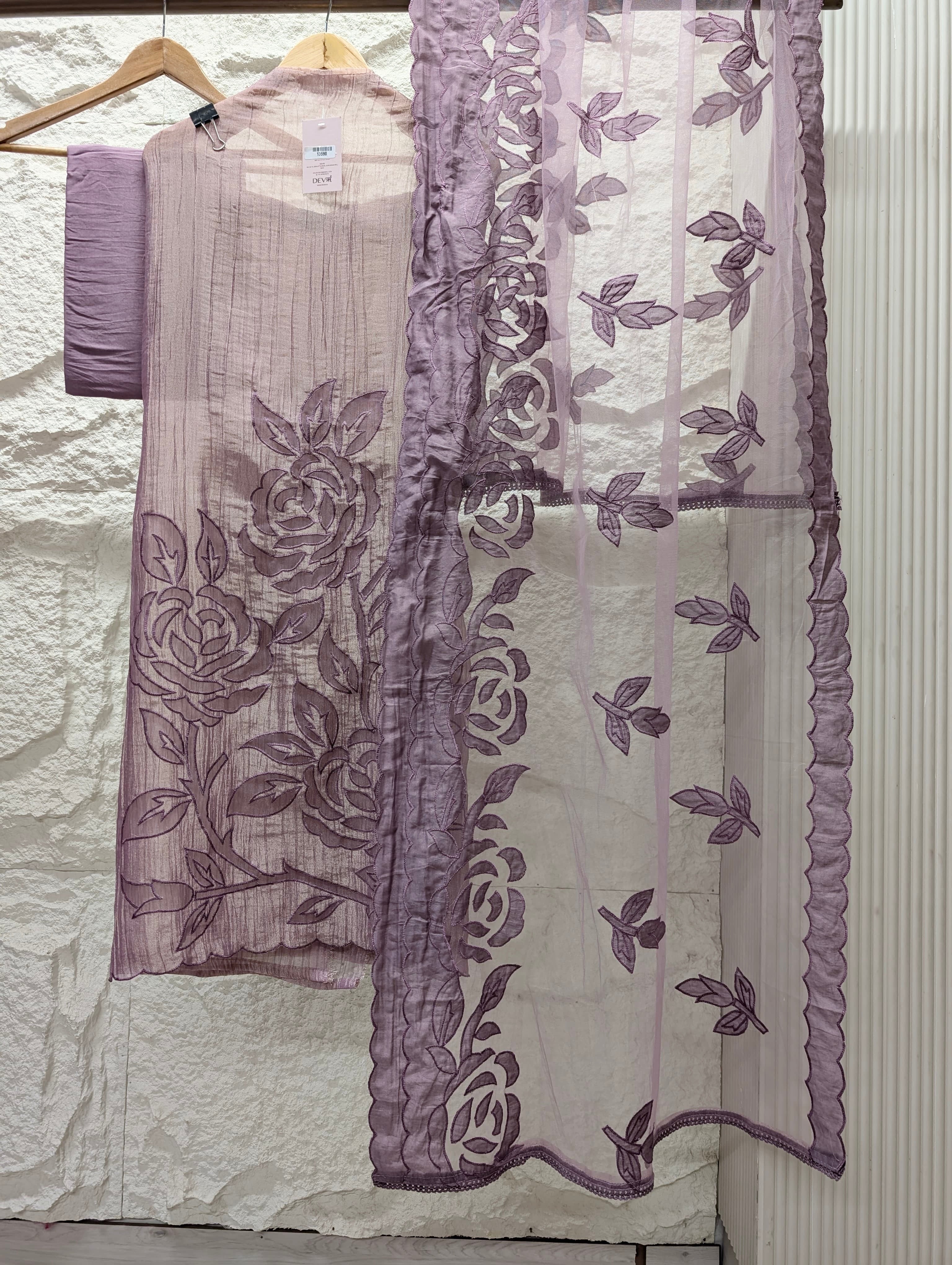 Purple Tissue Crush Silk Embroidered Unstitched 3-Piece Suit (Devri – D.No 13590)