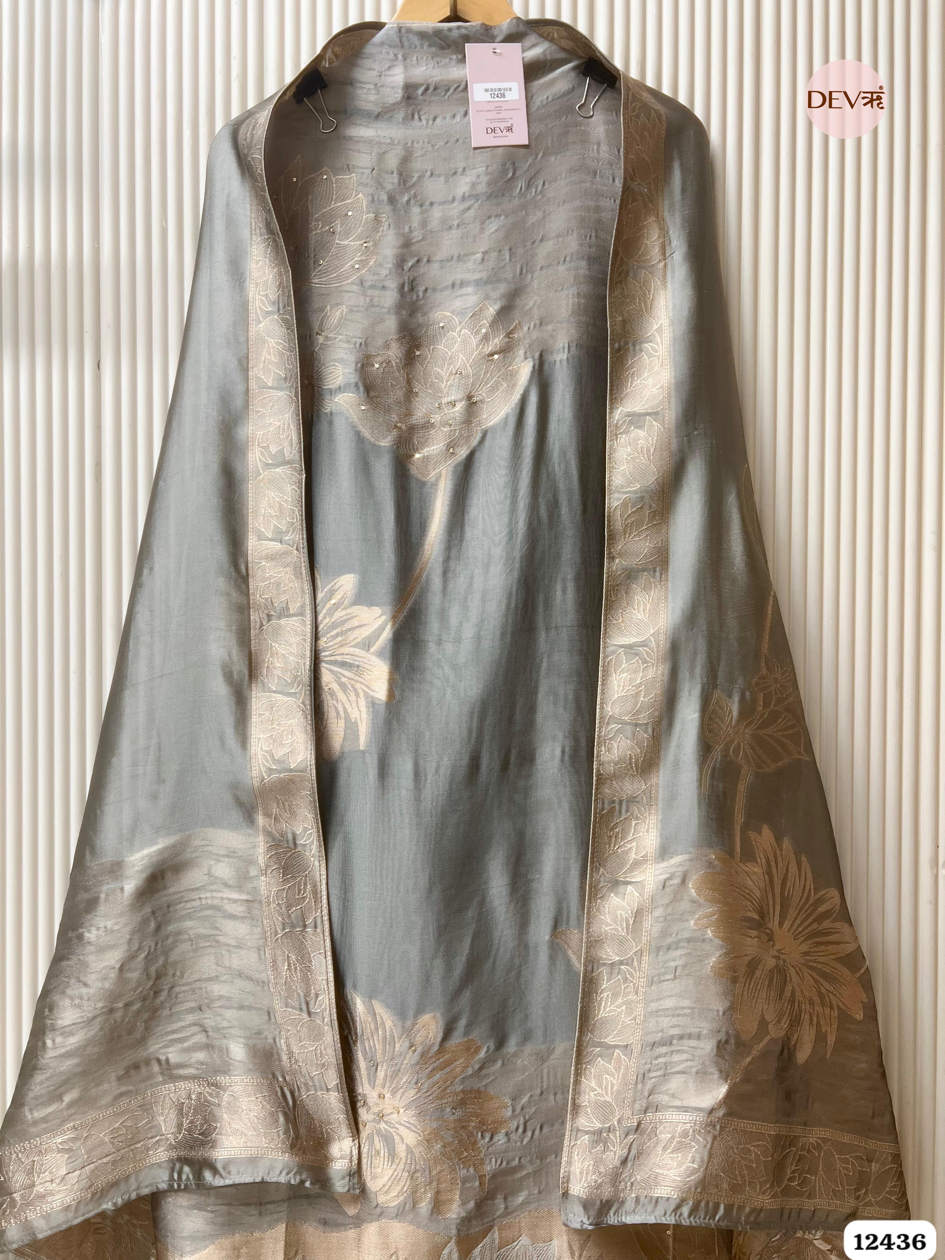 Steel Grey Banarasi Silk Printed Unstitched 3-Piece Suit (Devri – D.No. 12436)