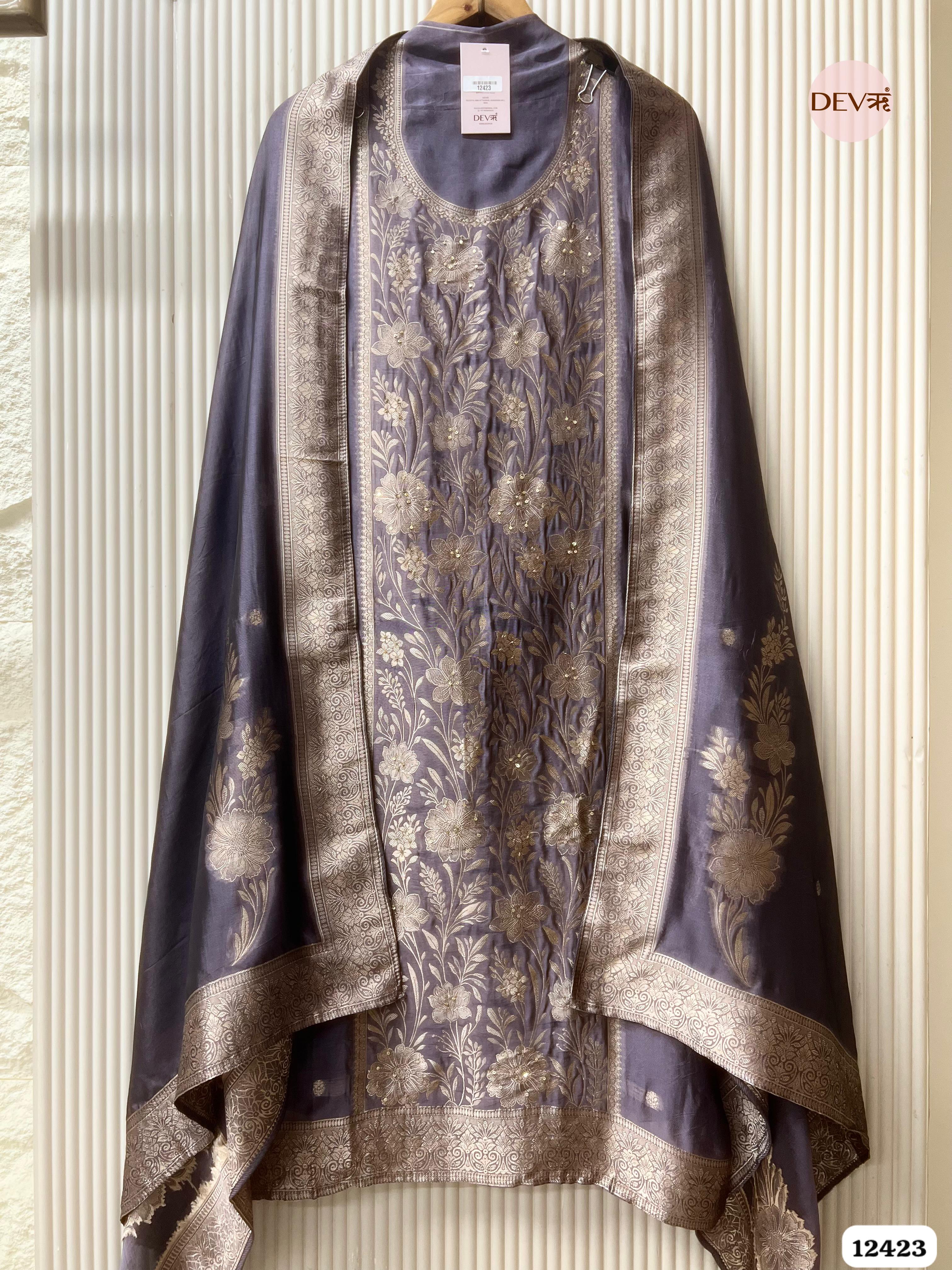 Dusty Mauve Banarasi Silk Embroidered Unstitched 3-Piece Suit (Devri – D.No . 12423)