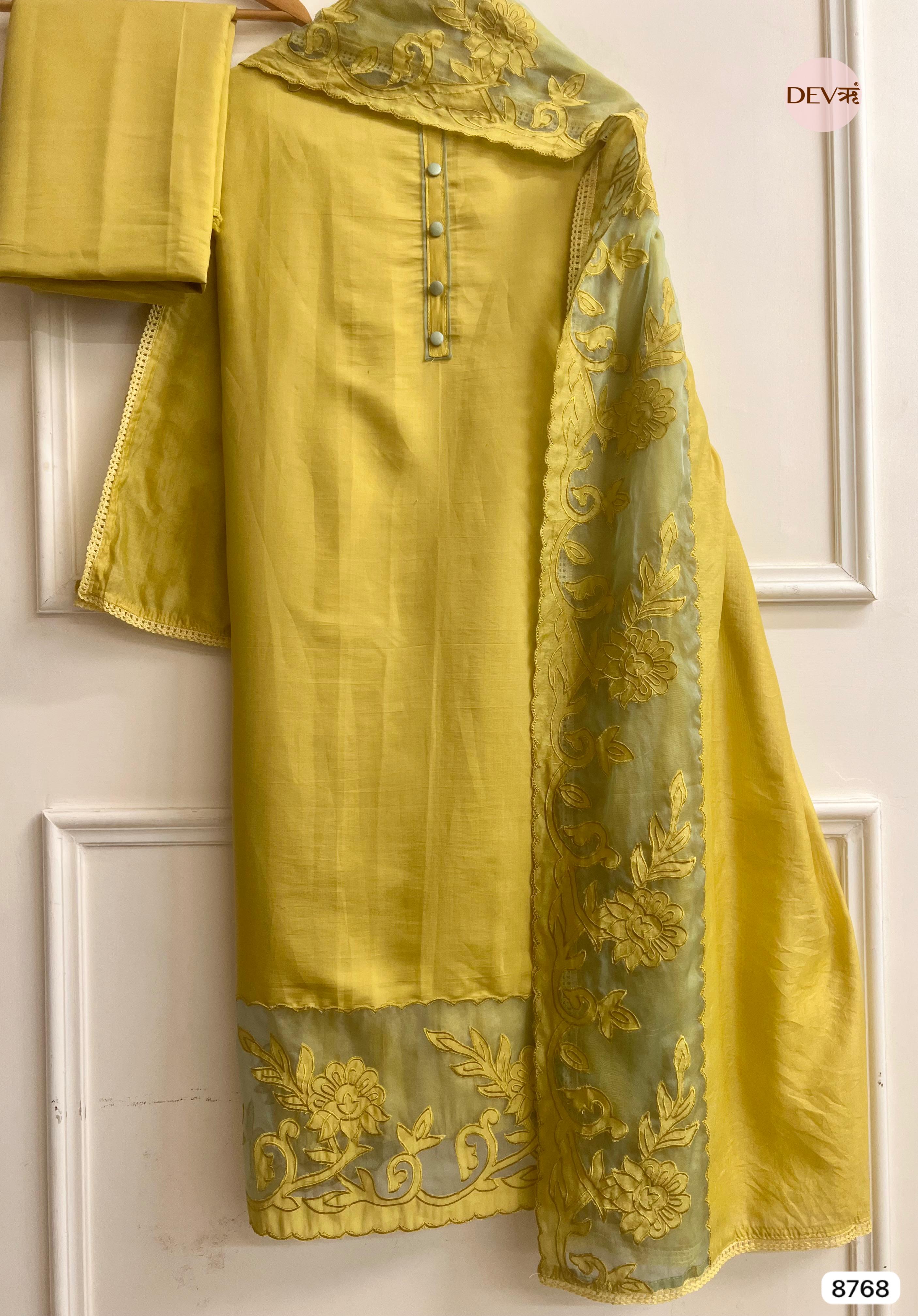 Mustard Yellow Modal Silk Embroidered Unstitched 3-Piece Suit (Devri – D.No 8768)