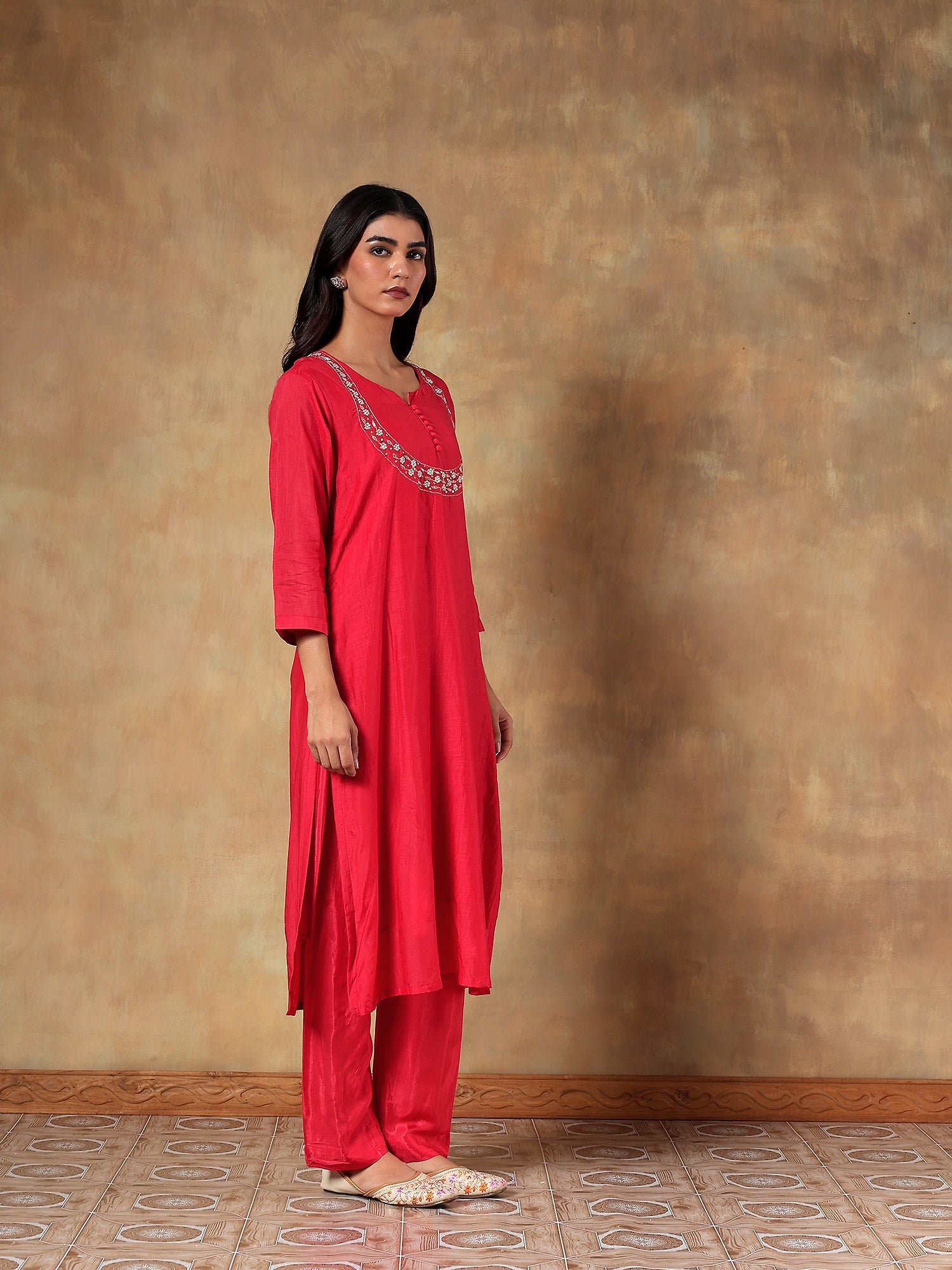 Crimson Red Embroidered Muslin 3-Piece Set - {2011}