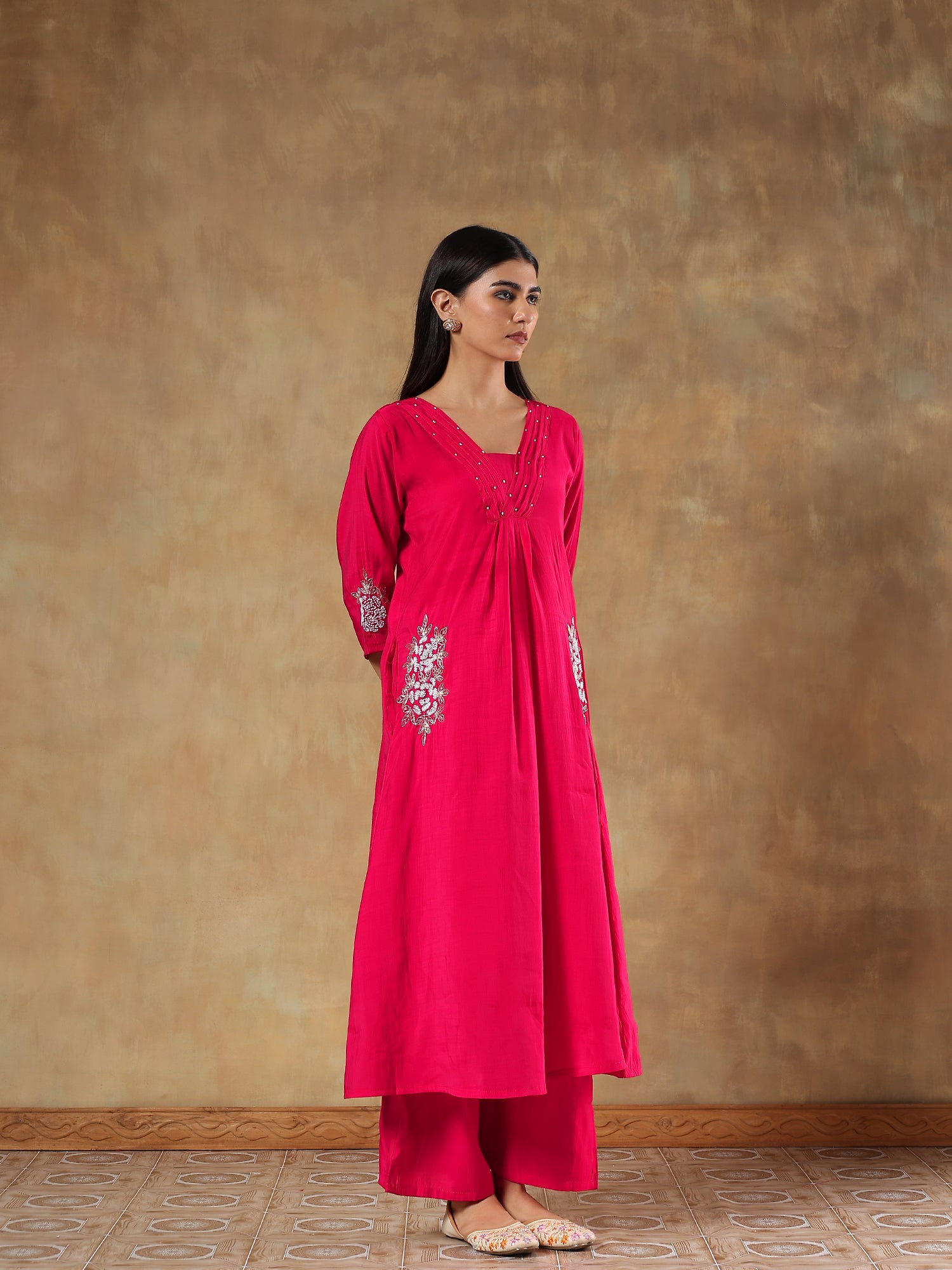 Aarini Fuchsia Mul Chanderi Embroidered 3-Piece Set - {1071/M}