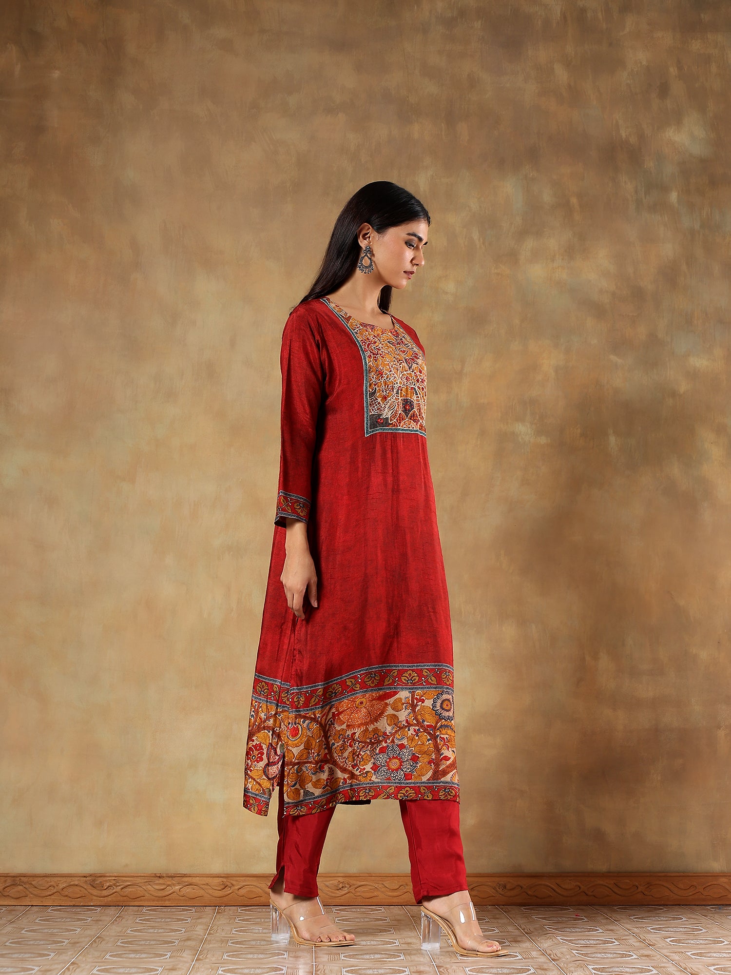 Nayantara Crimson Russian Silk Embroidered 3-Piece Set - {1073/M}