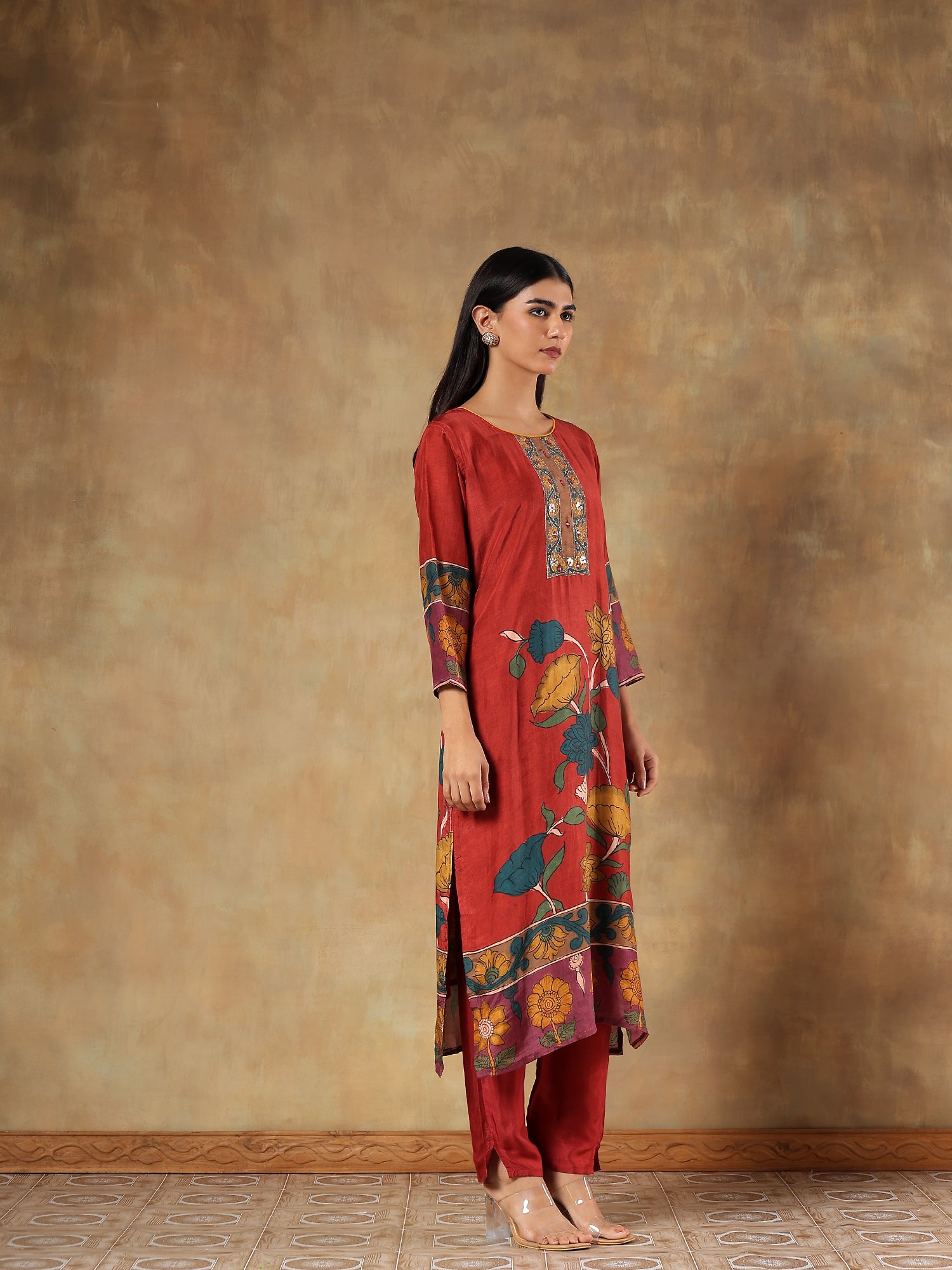 Devanshi Rust Muslin Silk Embroidered 3-Piece Set - {1075}