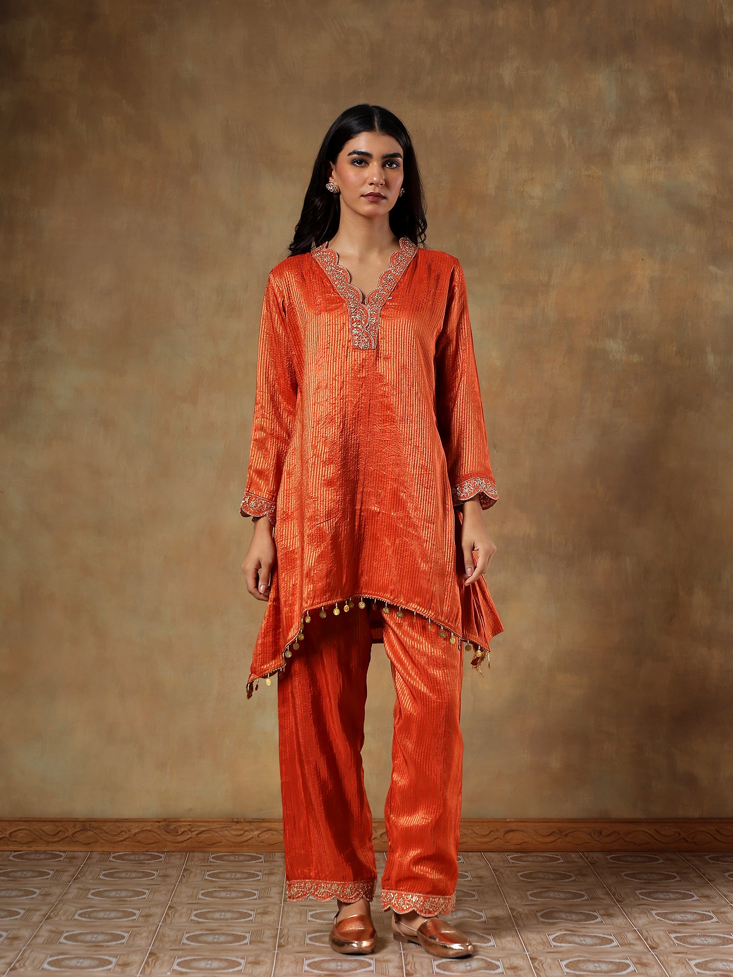 Striking Saffron-Orange Tissue-Silk Ensemble - Set Of 2- {1098/M}