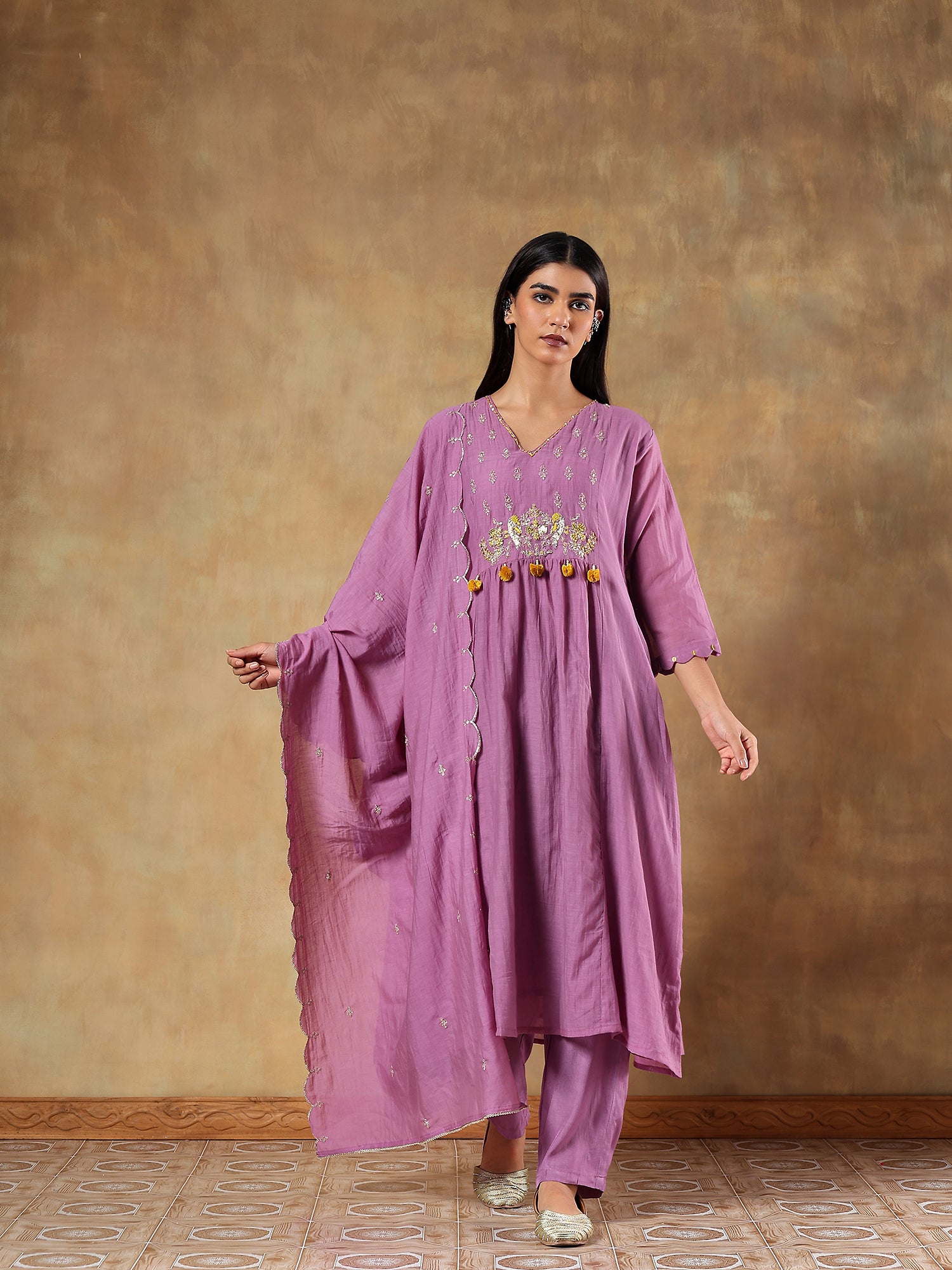 Suhaira Mul Cotton Chanderi Hand-Embroidered 3-Piece Set (Devri – D.No 2000)