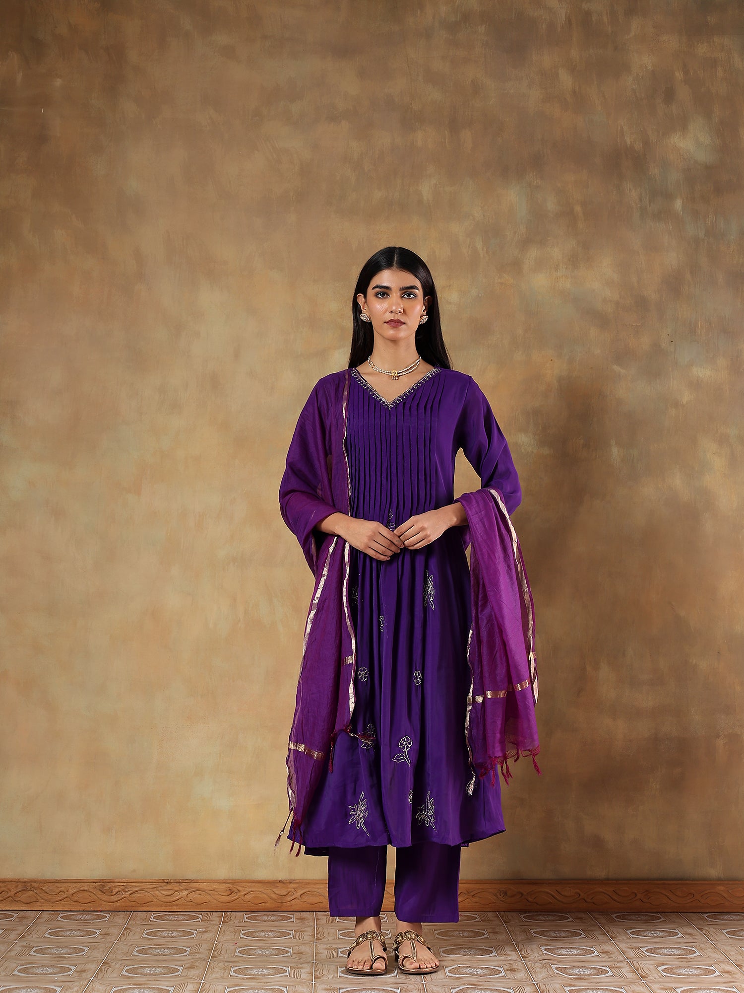 Amara Violet Premium Silk Embroidered 3-Piece Set - {1081}