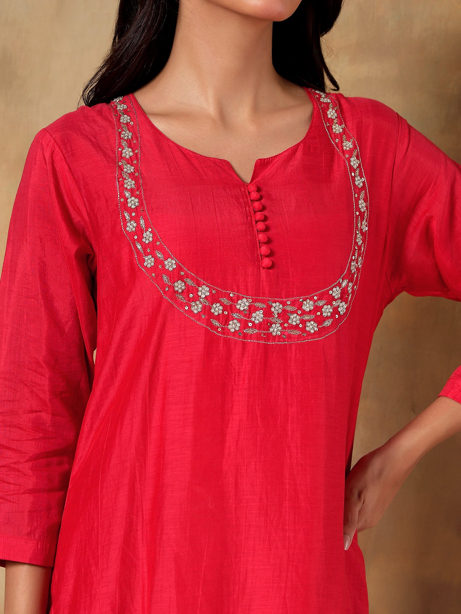 Crimson Red Embroidered Muslin 3-Piece Set - {2011}