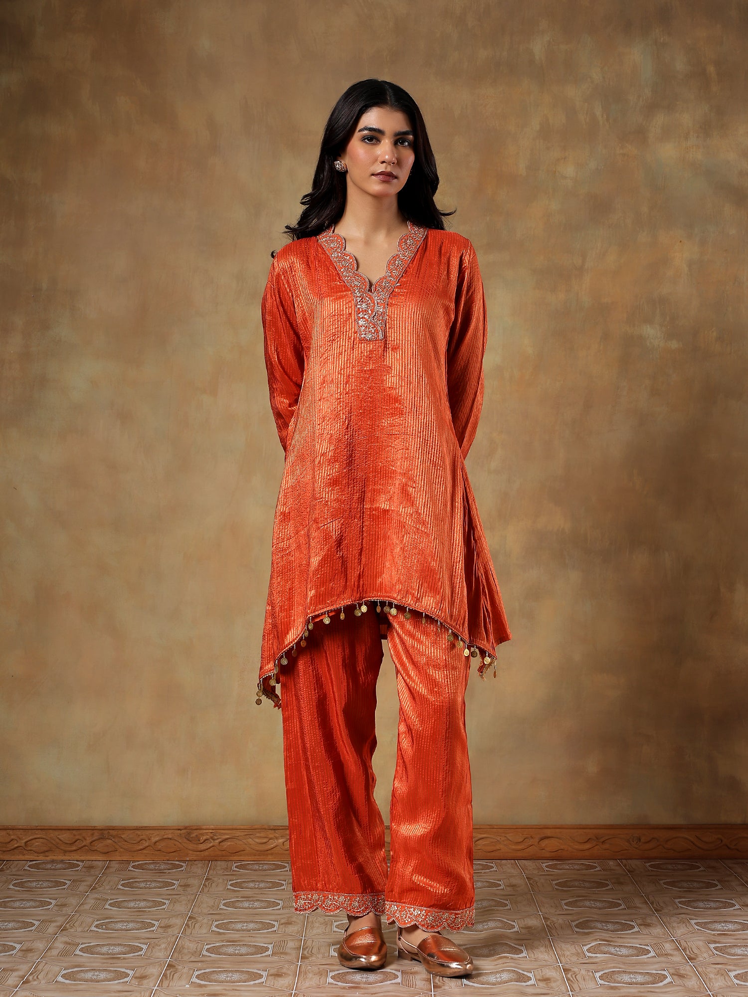 Striking Saffron-Orange Tissue-Silk Ensemble - Set Of 2- {1098}