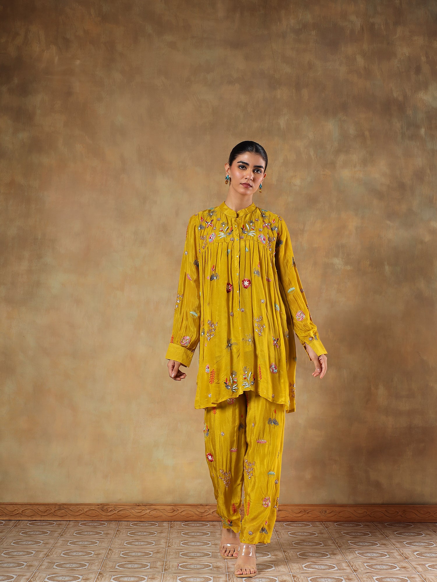 Amara Mustard Pure Chinon Embroidered 2-Piece Set - {1091/L}