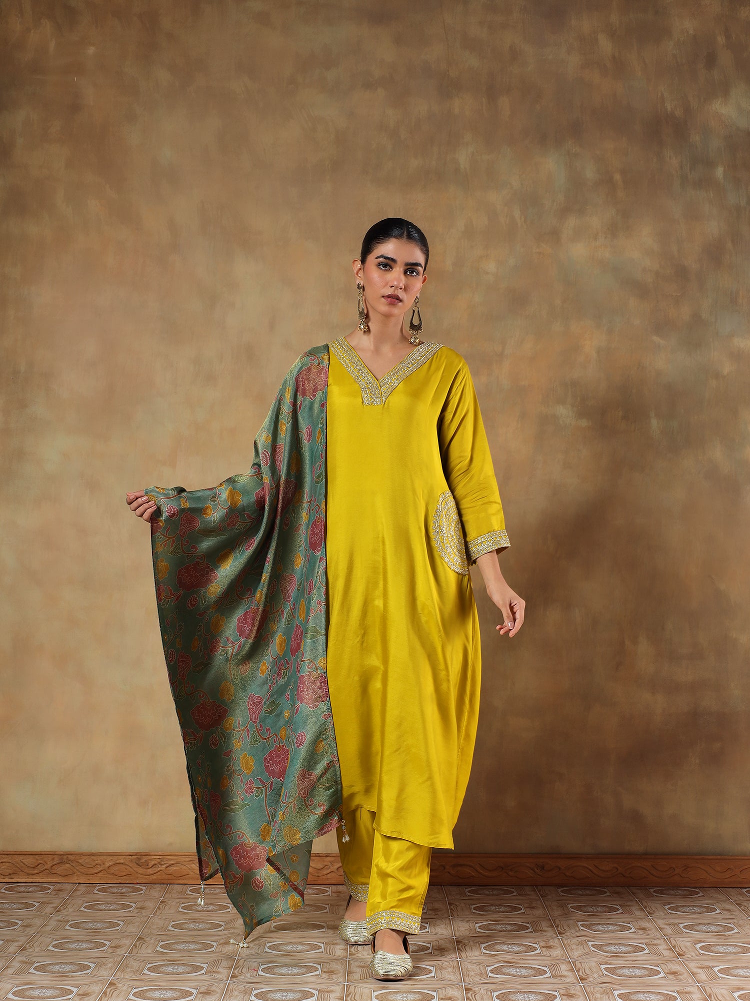 Ira Mustard Shimmer Silk Embroidered 3-Piece Set - {1065/M}