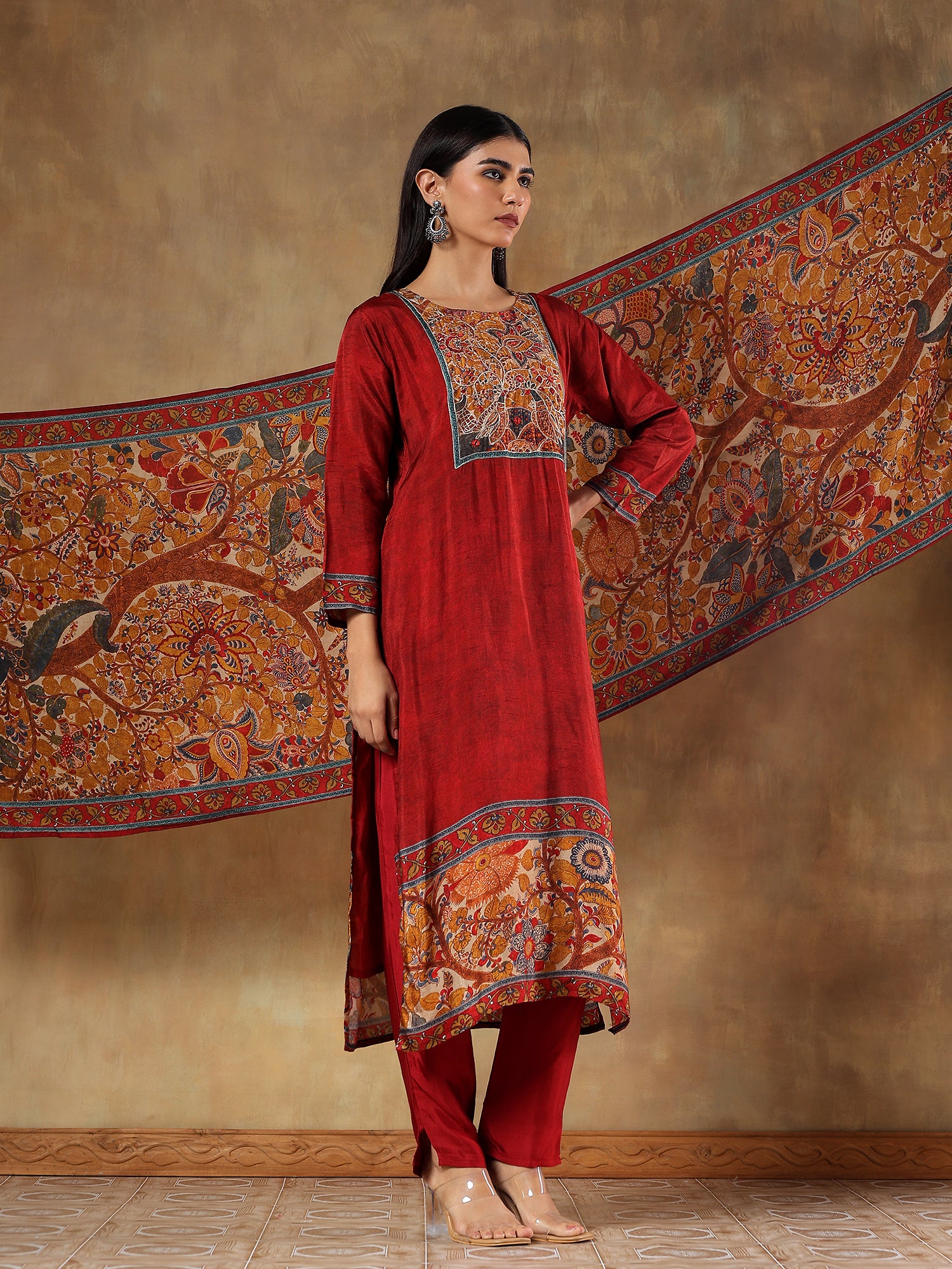 Nayantara Crimson Russian Silk Embroidered 3-Piece Set - {1073/M}