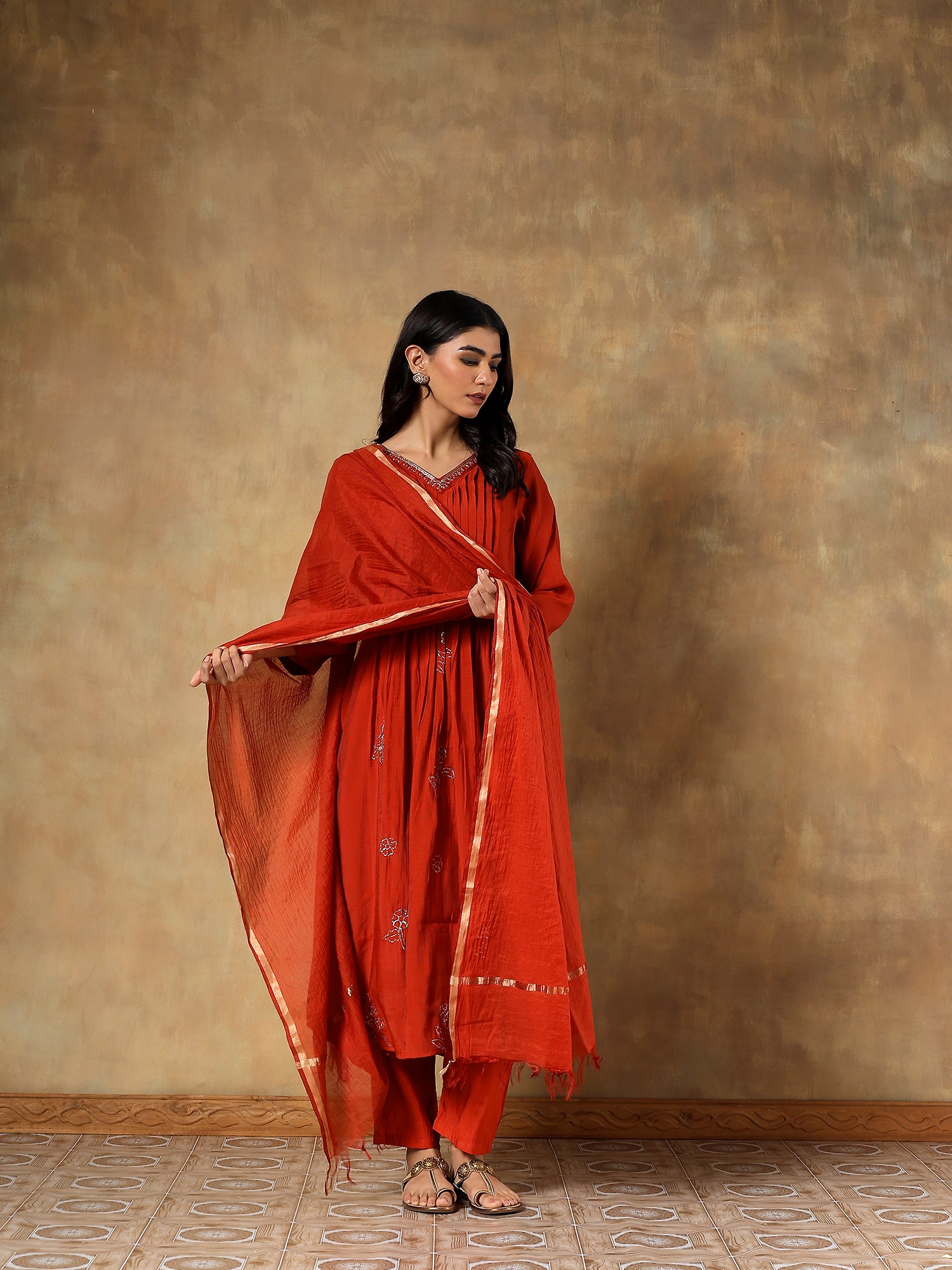 Sangria rust Mul Chanderi Embroidered 3-Piece Set - {1080/M}
