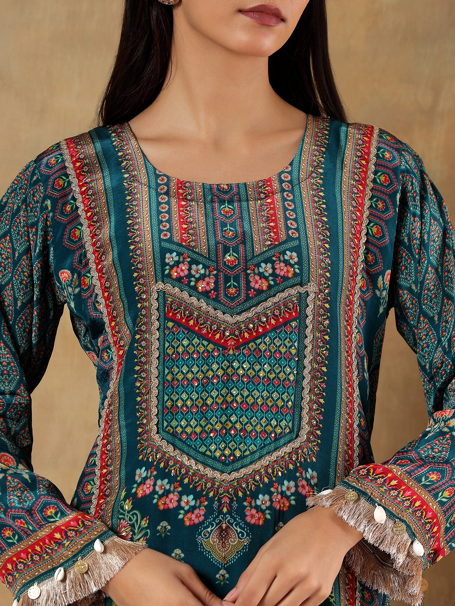 Amaira Teal Natural Crepe Printed 3-Piece Set - {2008}