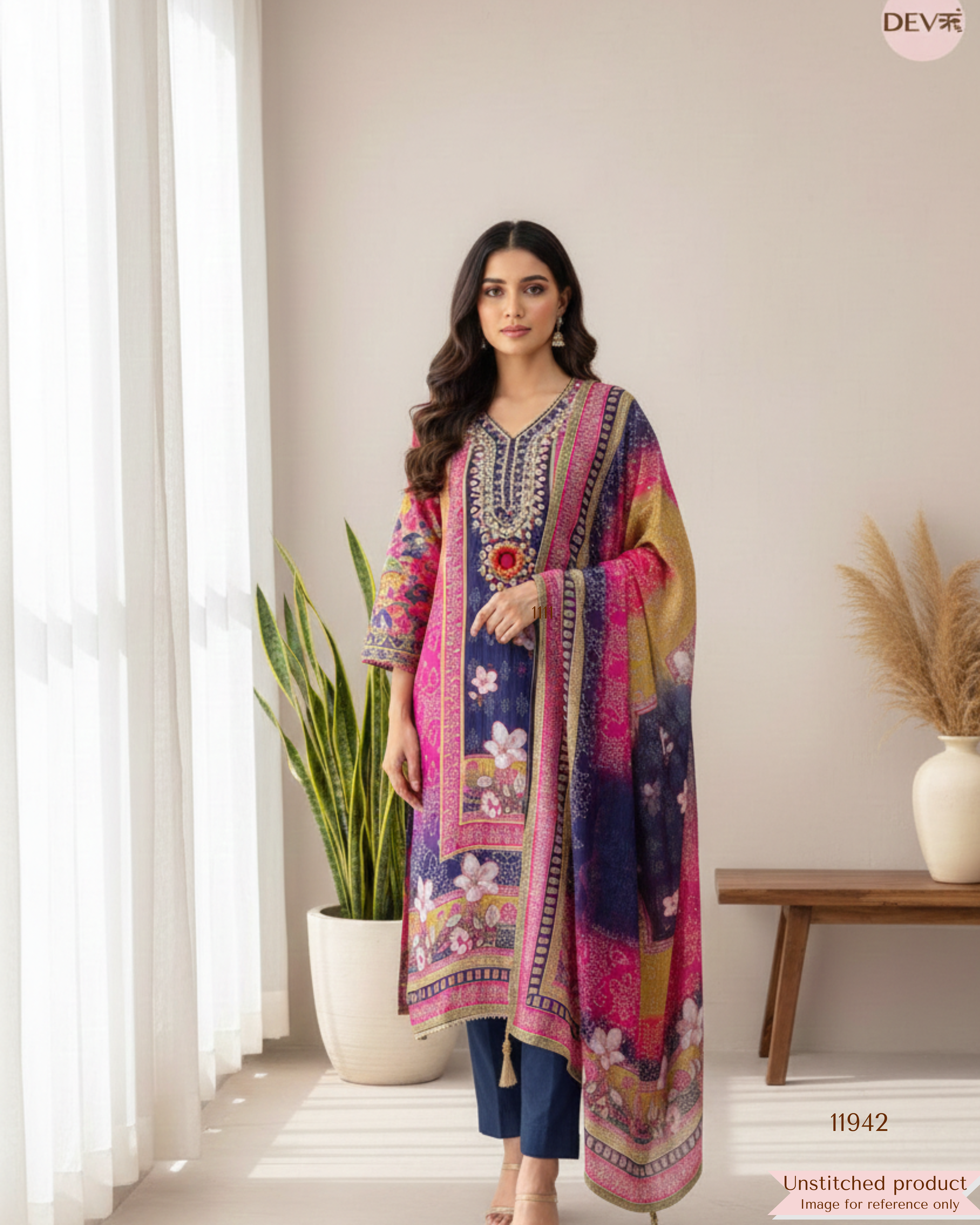 Blue Tissue Shimmer Silk Unstitched Printed Hand Embroidered -Set Of 3 - {11942}