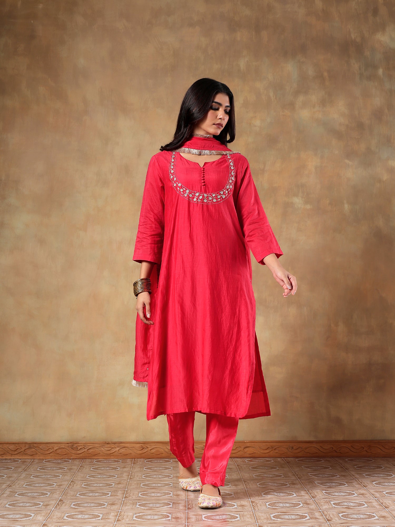 Crimson Red Embroidered Muslin 3-Piece Set - {2011/M}
