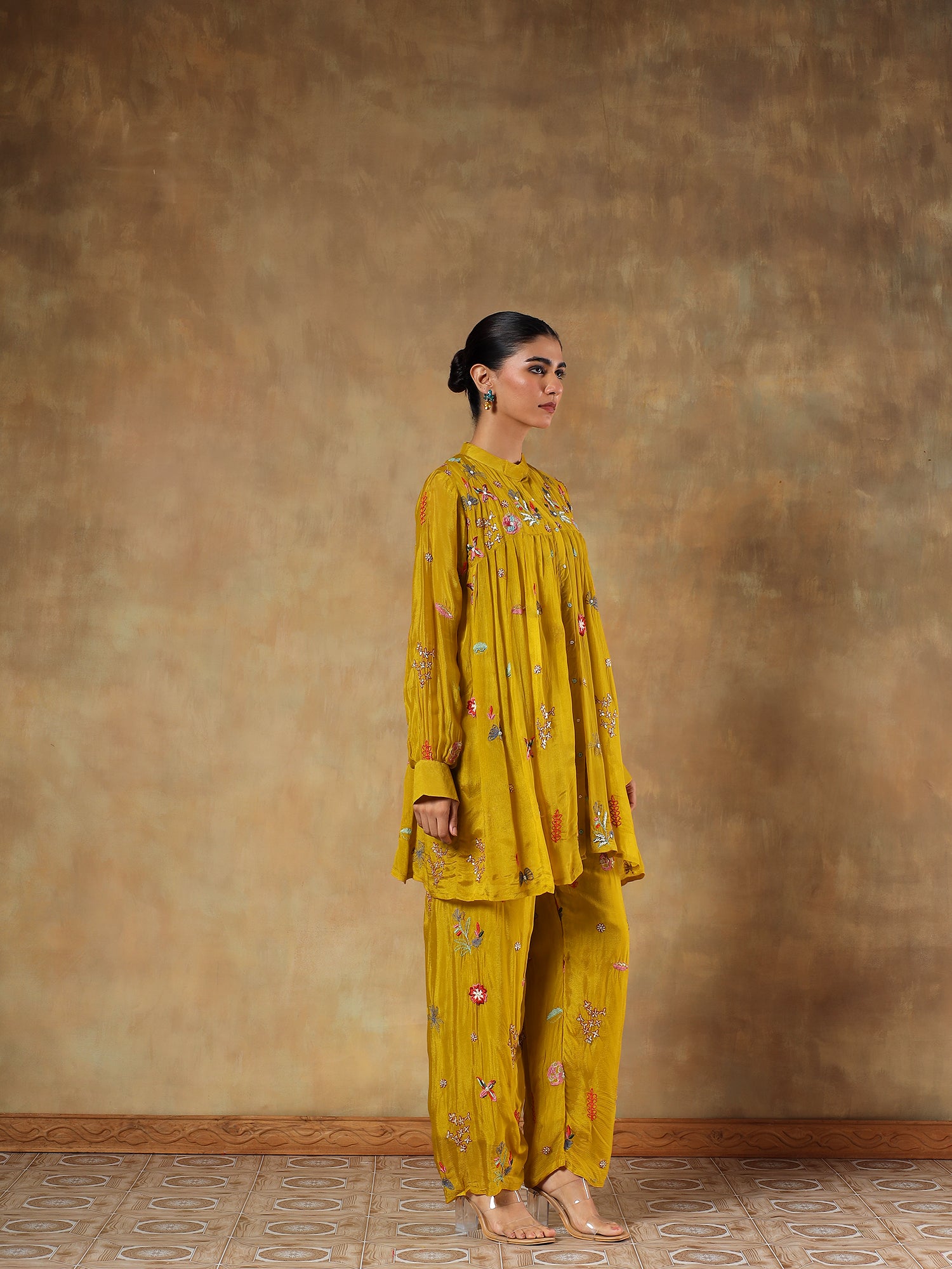 Amara Mustard Pure Chinon Embroidered 2-Piece Set - {1091/L}