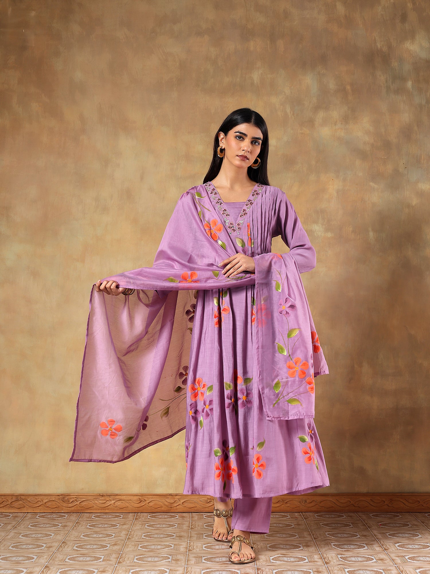 Tavisha Mul Chanderi Hand-Embroidered 3-Piece Set (Devri – D.No 1077)