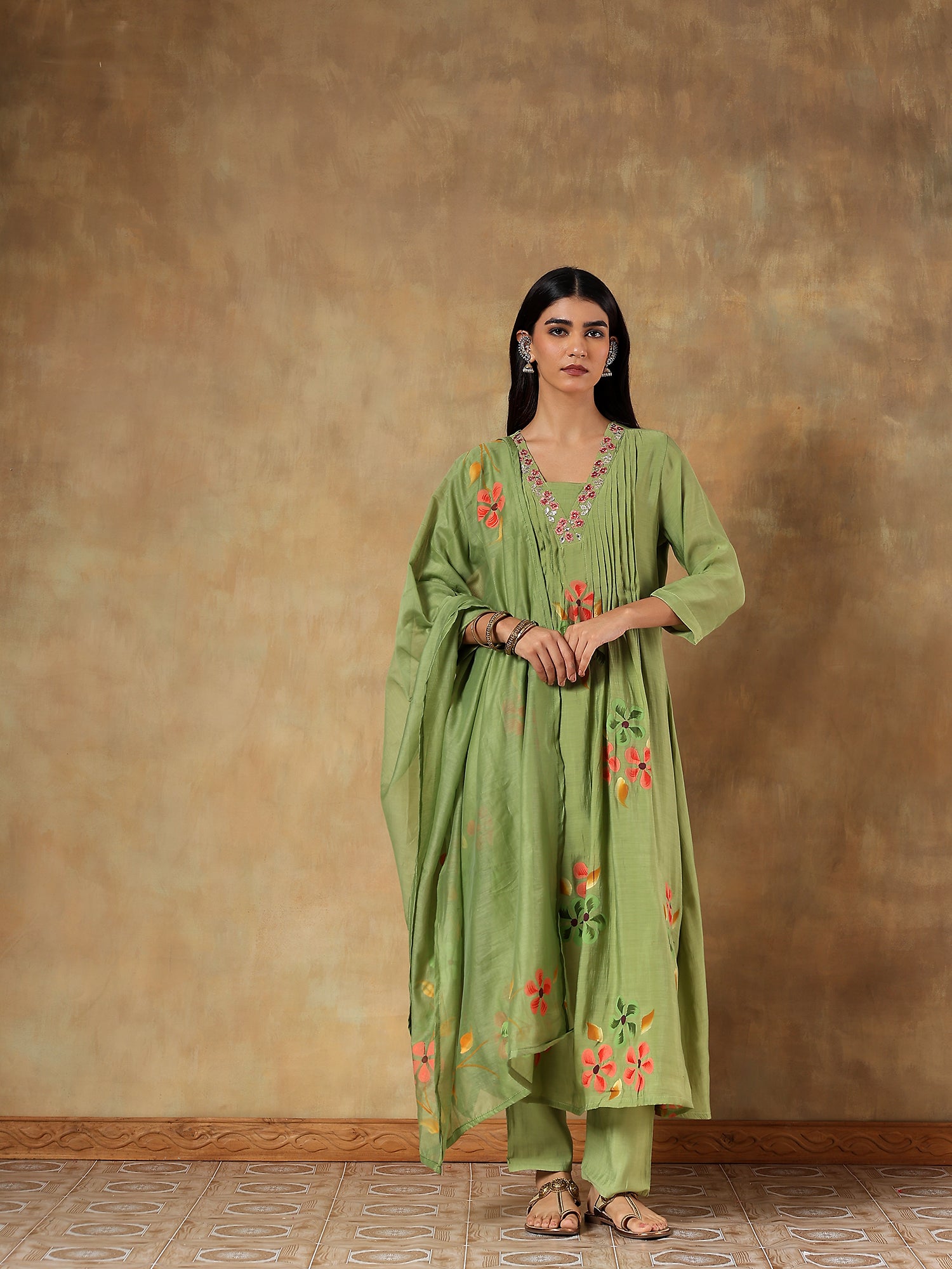Vanya Mul Chanderi Hand-Embroidered 3-Piece Set (Devri – D.No 1078)
