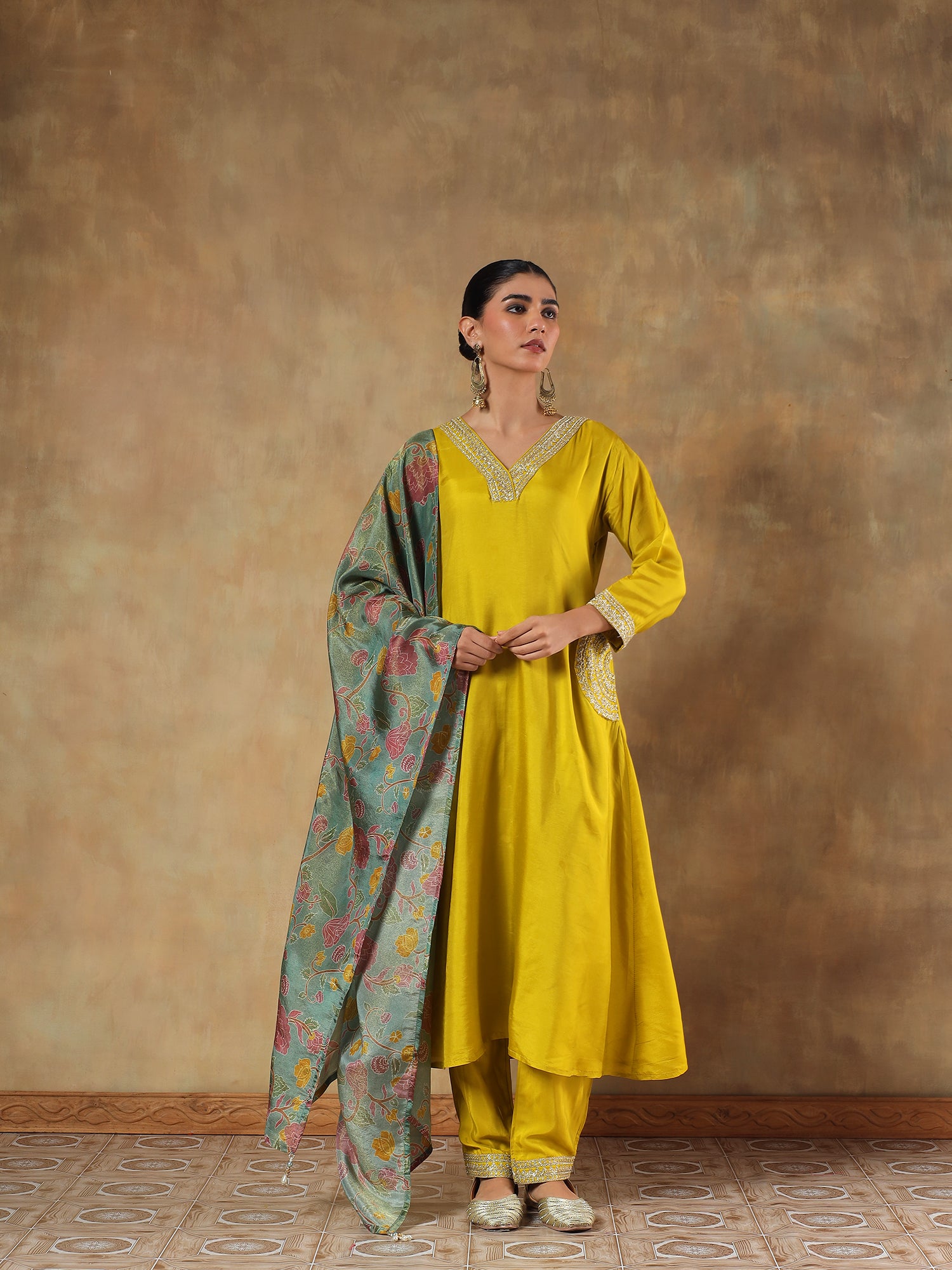Ira Mustard Shimmer Silk Embroidered 3-Piece Set - {1065/M}