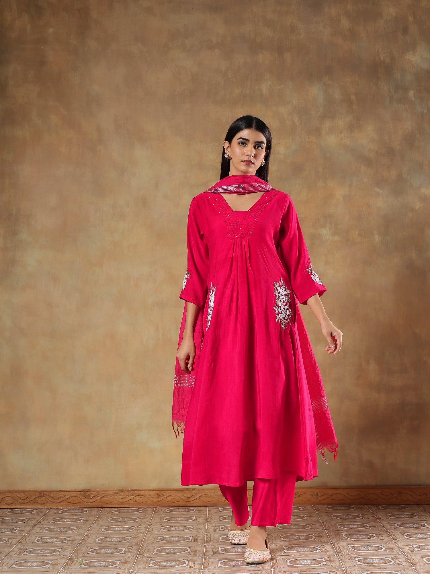 Aarini Fuchsia Mul Chanderi Embroidered 3-Piece Set - {1071/M}