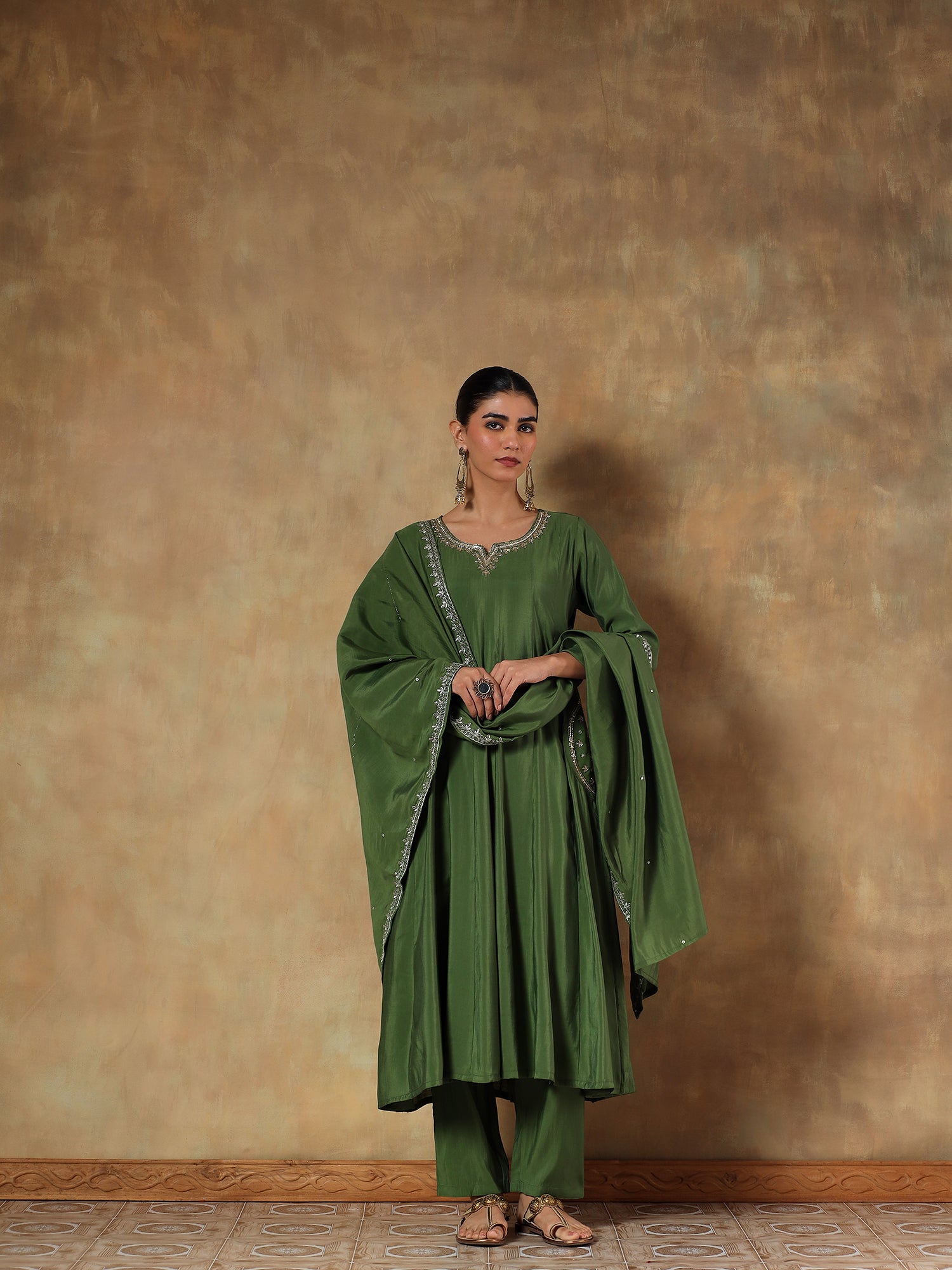Aarvi Olive Crepe Silk Embroidered 3-Piece Set - {1094/M}