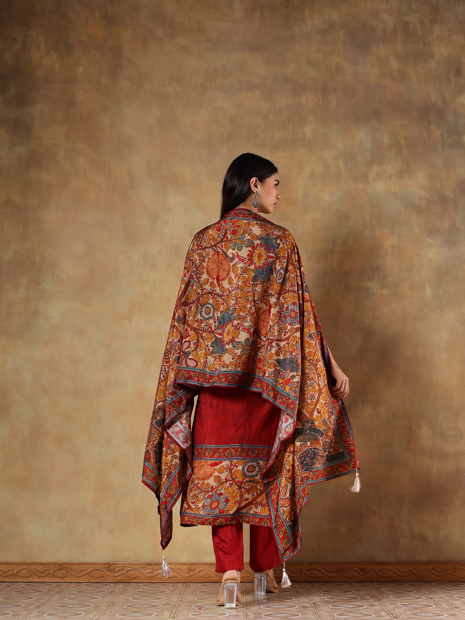 Nayantara Crimson Russian Silk Embroidered 3-Piece Set - {1073/M}