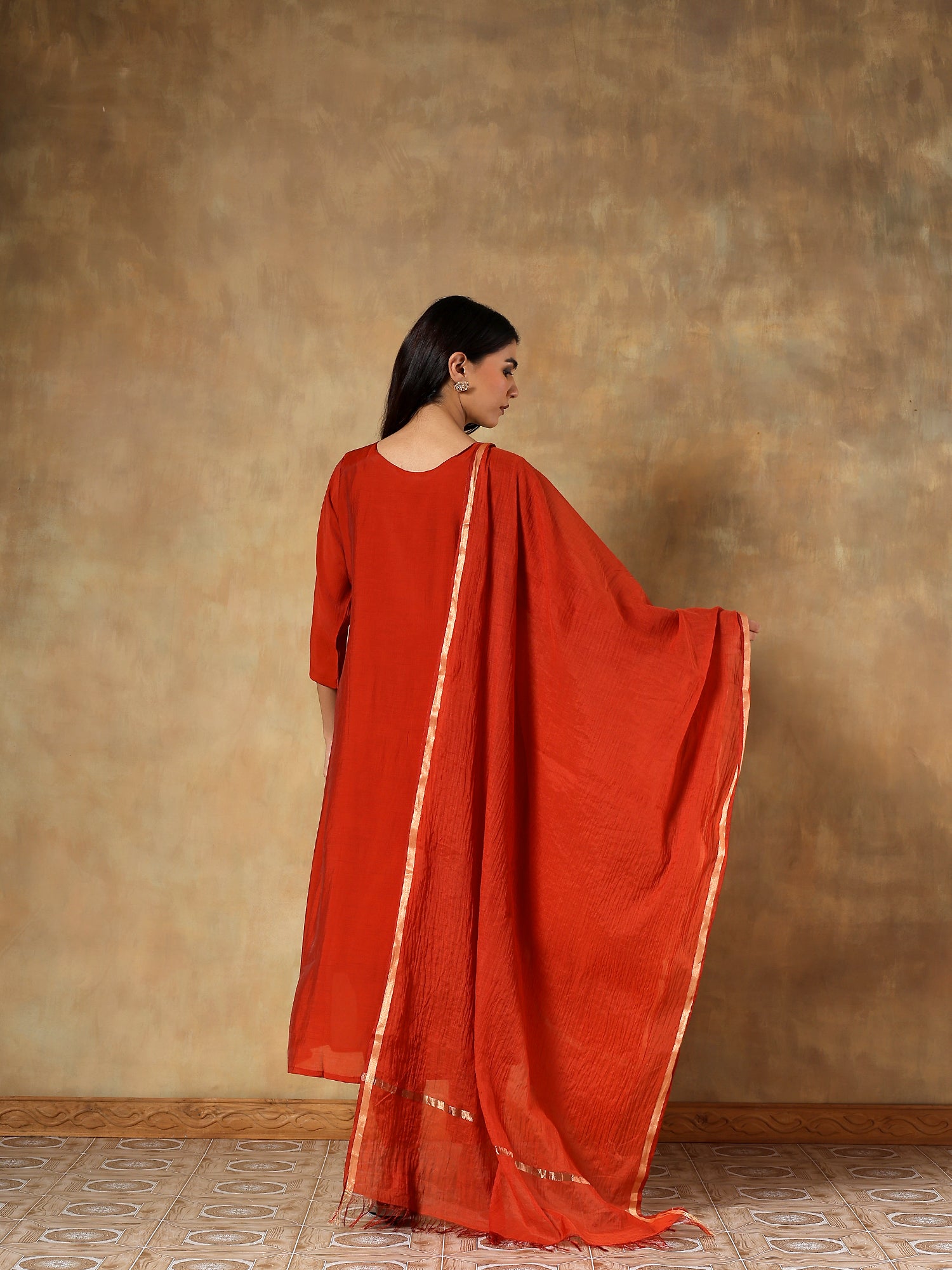 Sangria rust Mul Chanderi Embroidered 3-Piece Set - {1080}