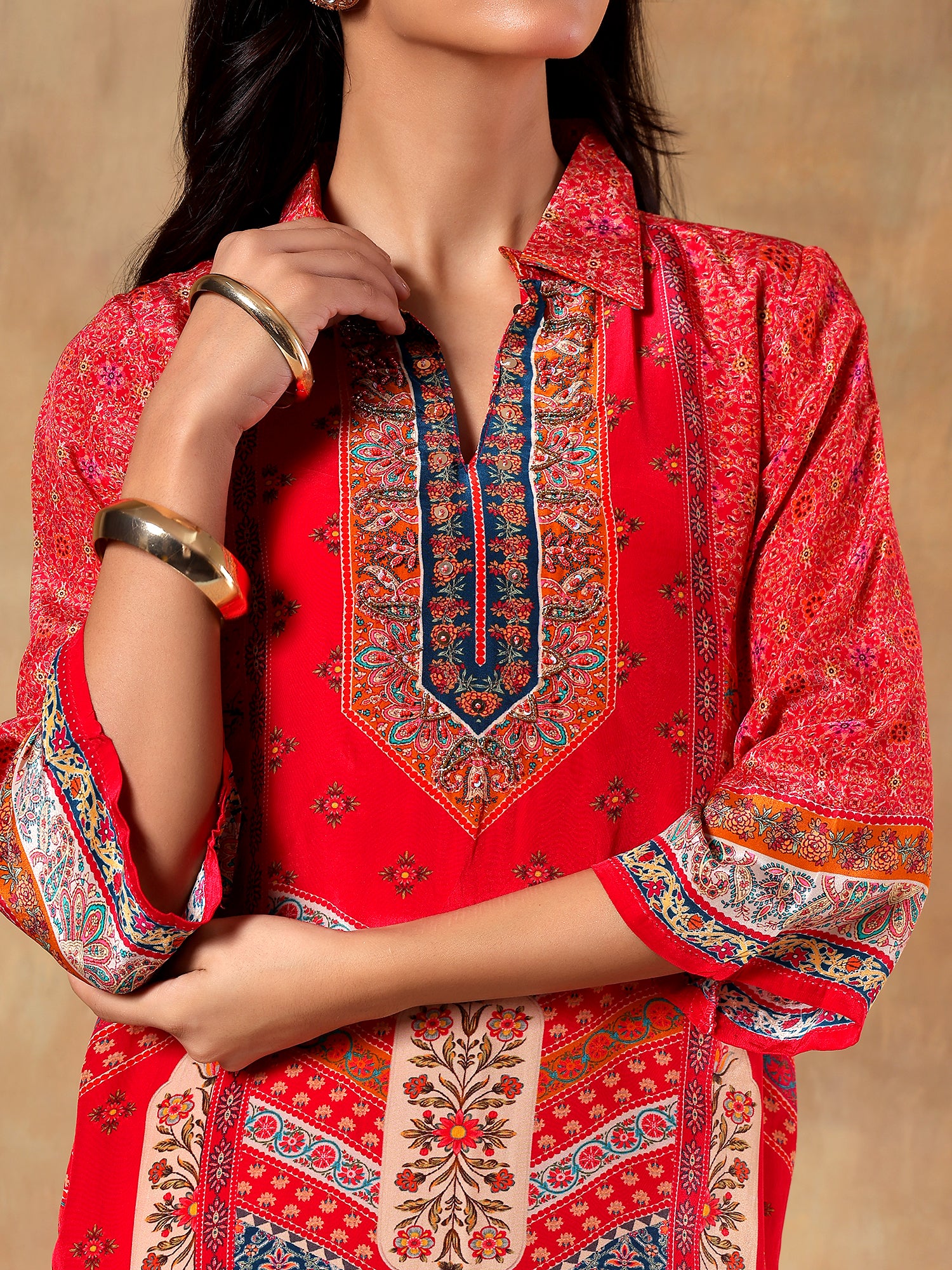 Red Printed Set Crafted In soft Natural Crepe- Set Of 2 - {1062}