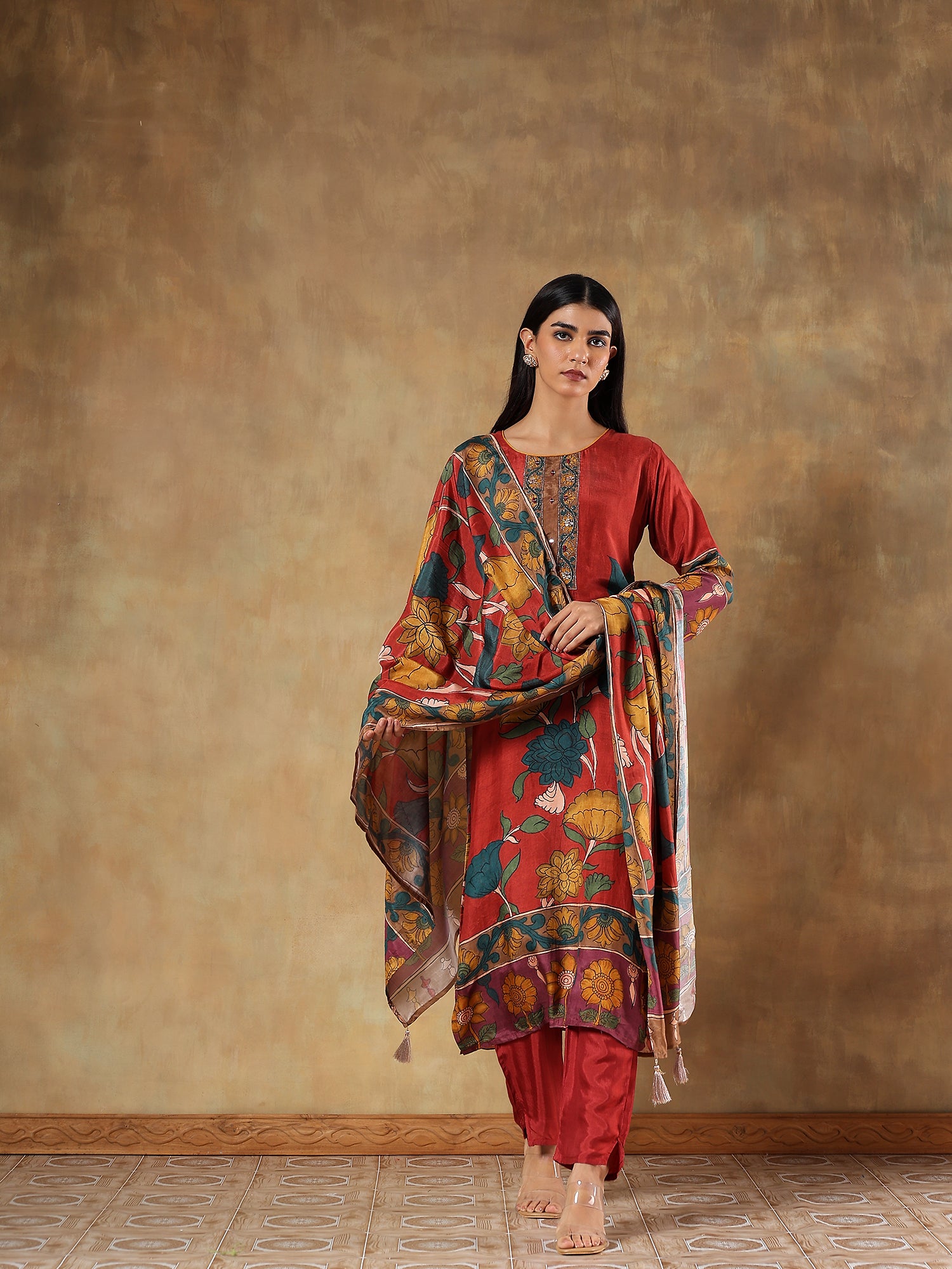 Devanshi Rust Muslin Silk Embroidered 3-Piece Set - {1075}