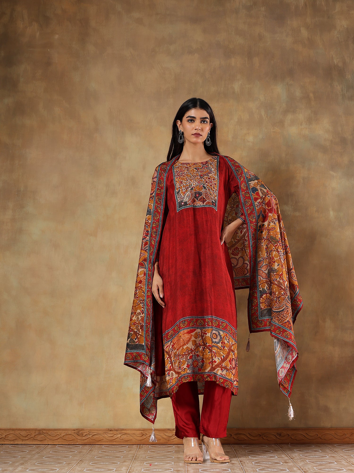 Nayantara Crimson Russian Silk Embroidered 3-Piece Set - {1073/M}