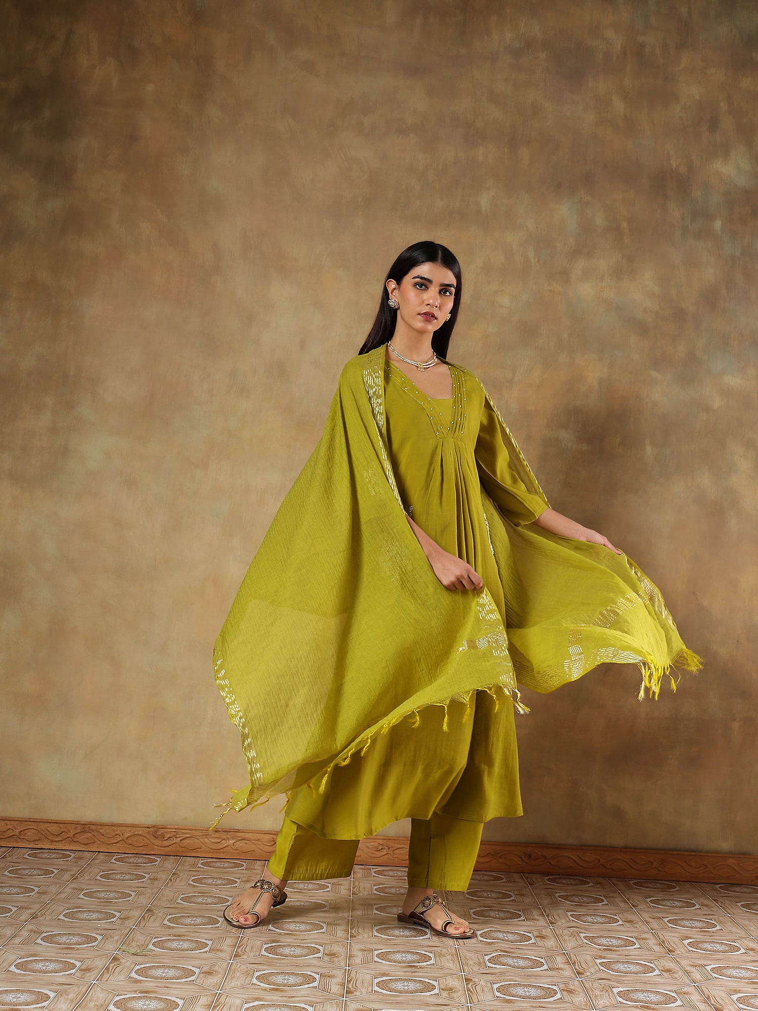 Ishani Olive Mul Chanderi Embroidered 3-Piece Set - {1072/M}