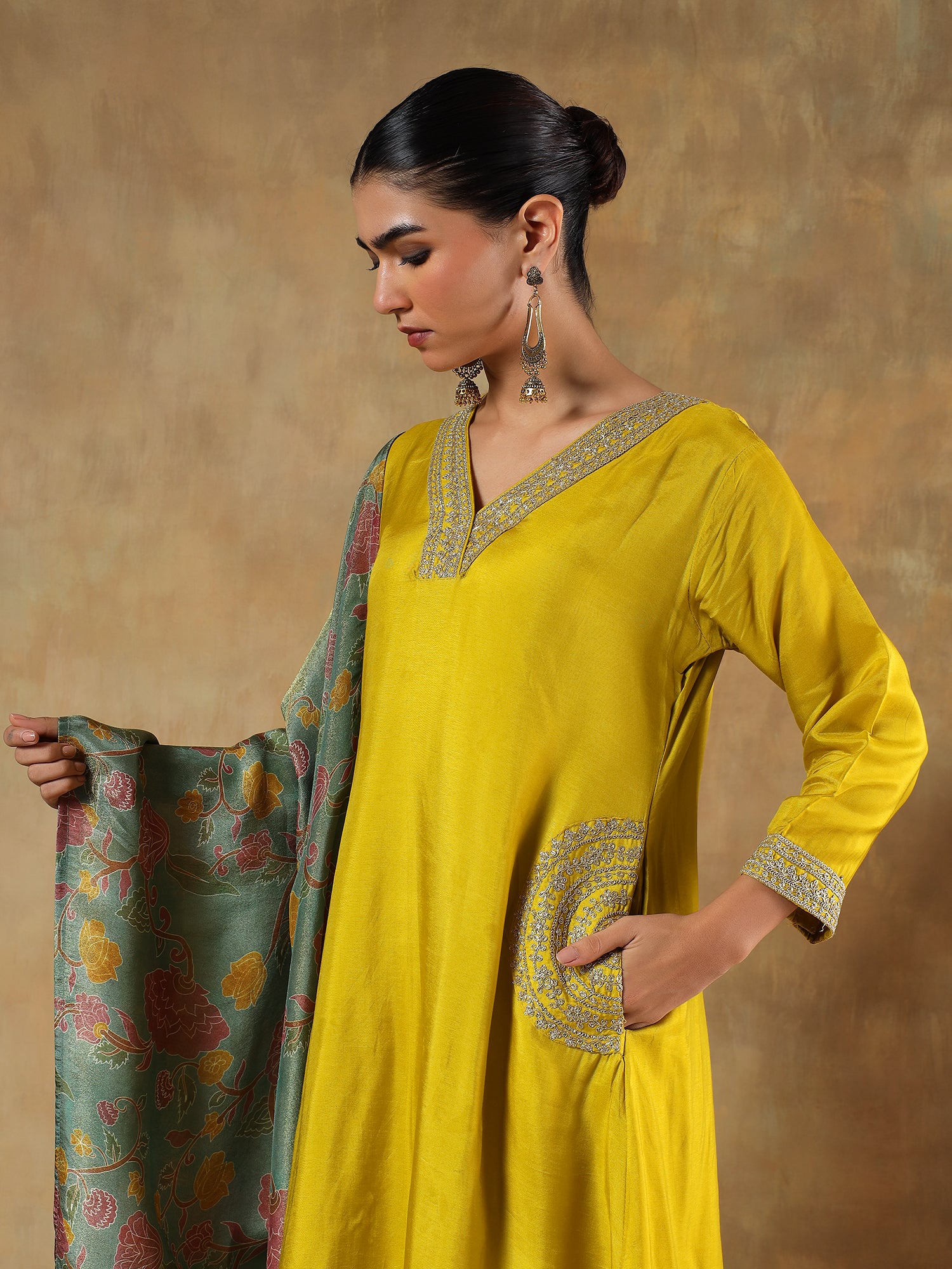 Ira Mustard Shimmer Silk Embroidered 3-Piece Set - {1065/M}