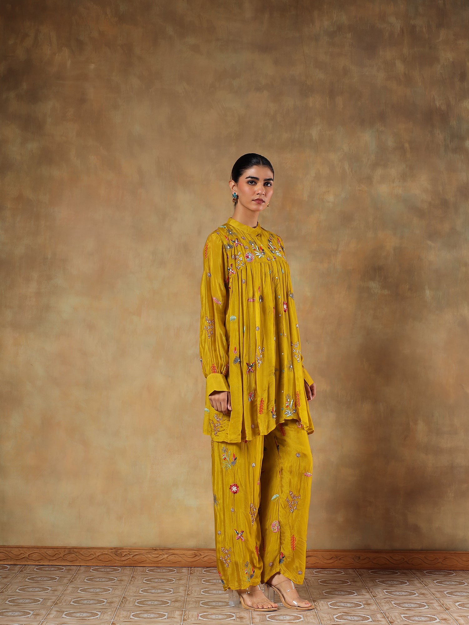 Amara Mustard Pure Chinon Embroidered 2-Piece Set - {1091/L}
