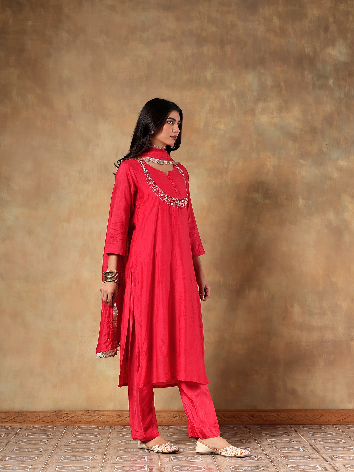 Crimson Red Embroidered Muslin 3-Piece Set - {2011}