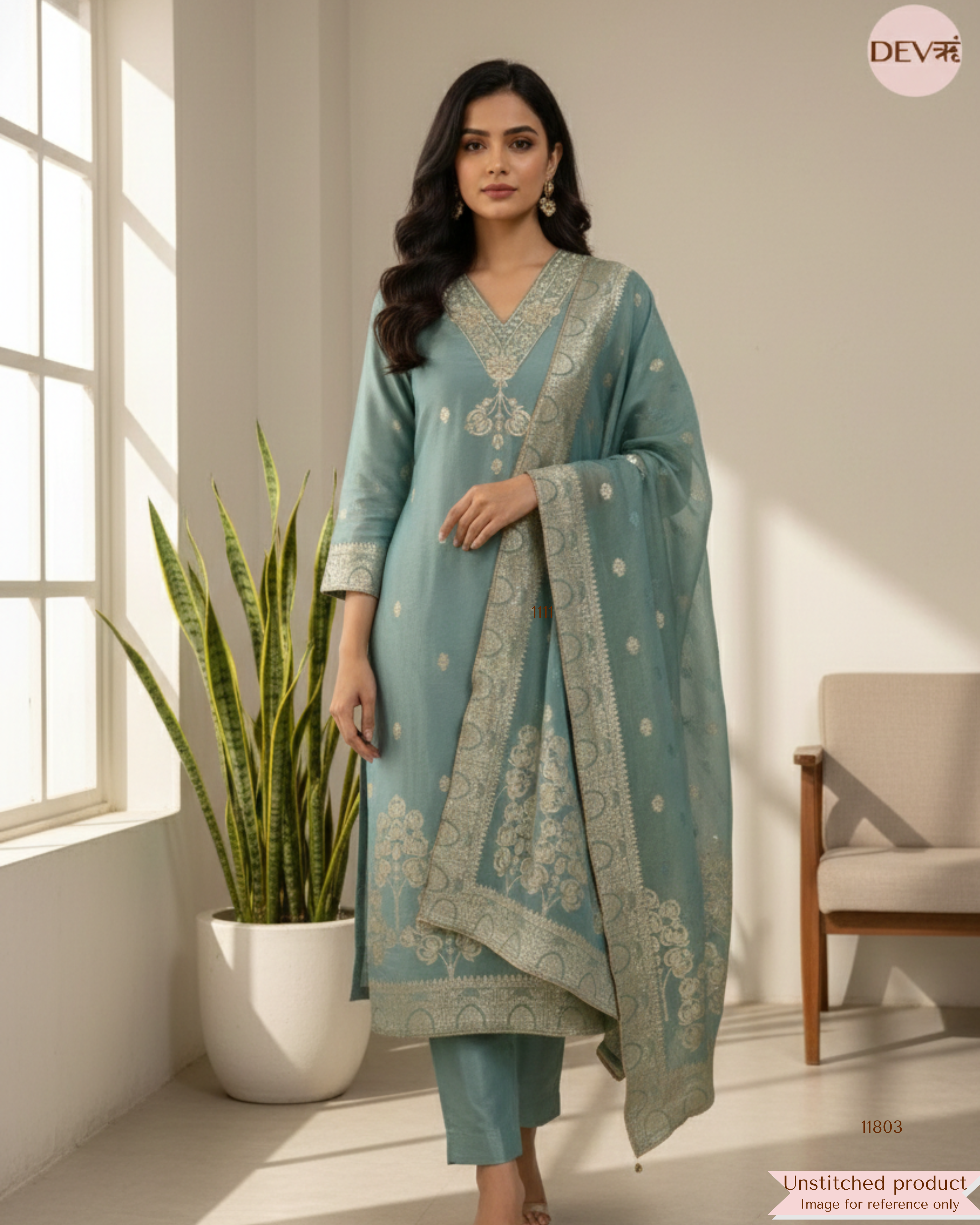 Green Tissue Silk Unstitched Banarasi Weave Hand Embroidered -Set Of 3 {11803}