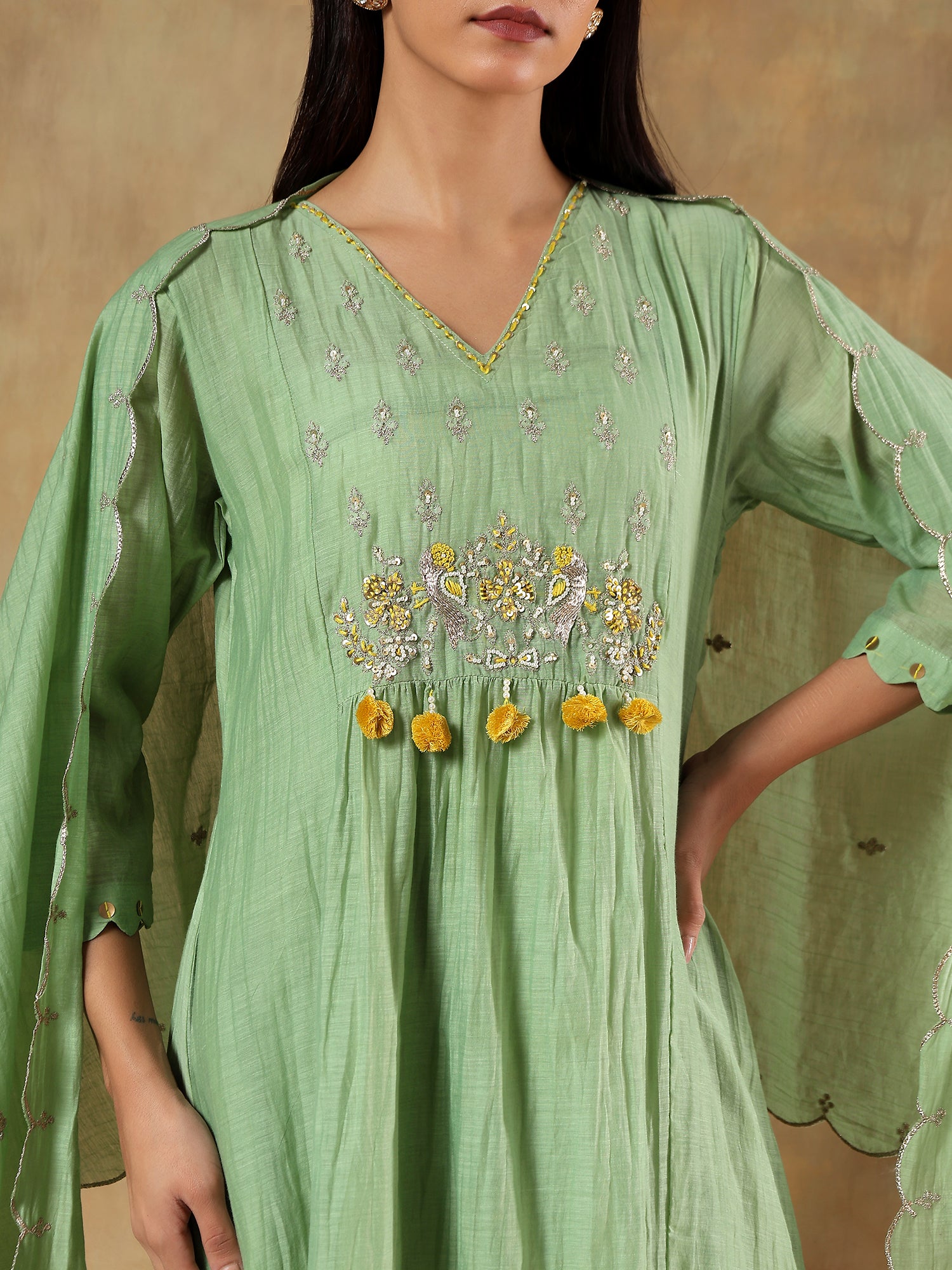 Kiyana Pistachio Mul Chanderi Embroidered 3-Piece Set - {1099/M}