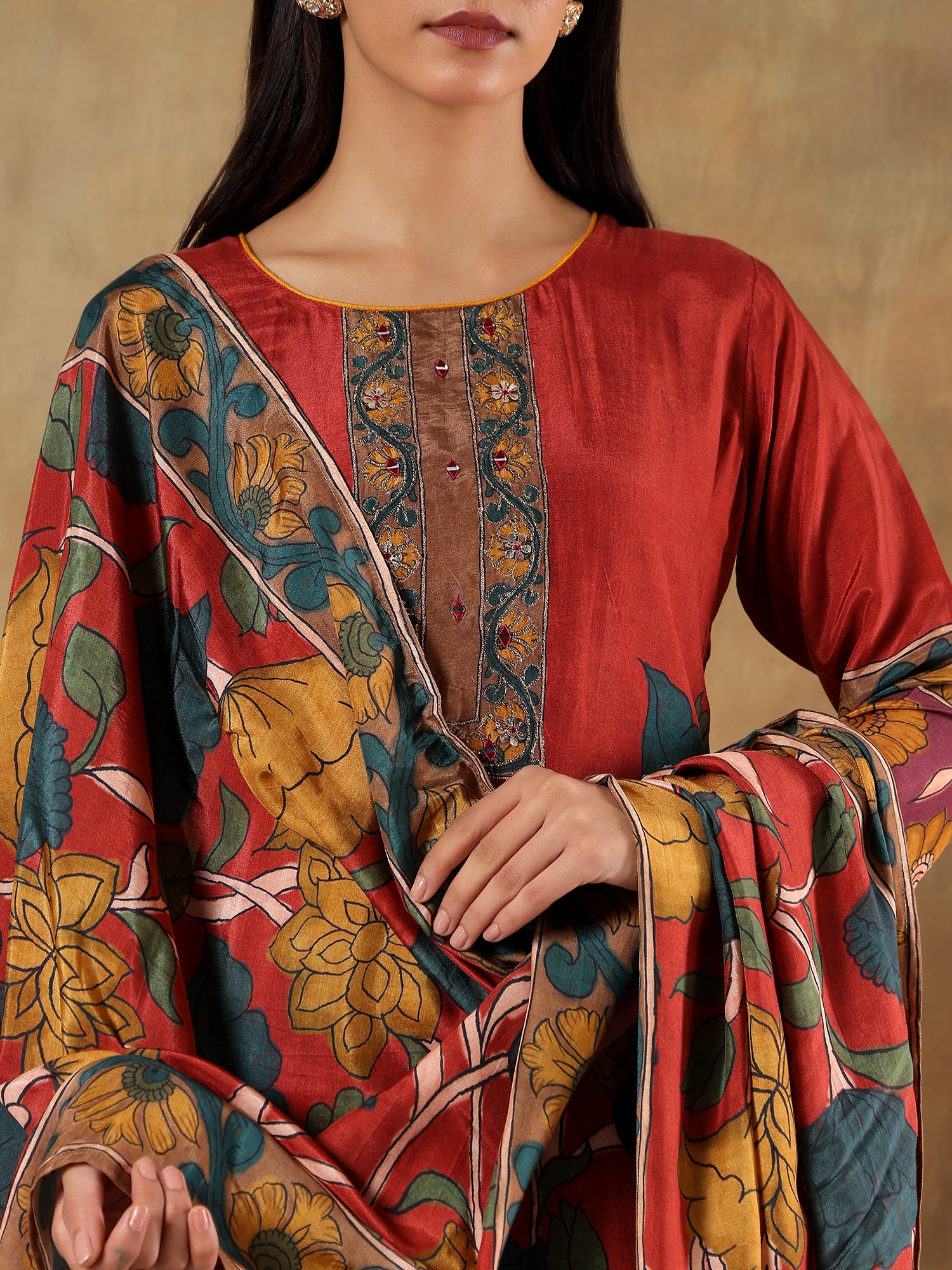 Devanshi Rust Muslin Silk Embroidered 3-Piece Set - {1075/M}