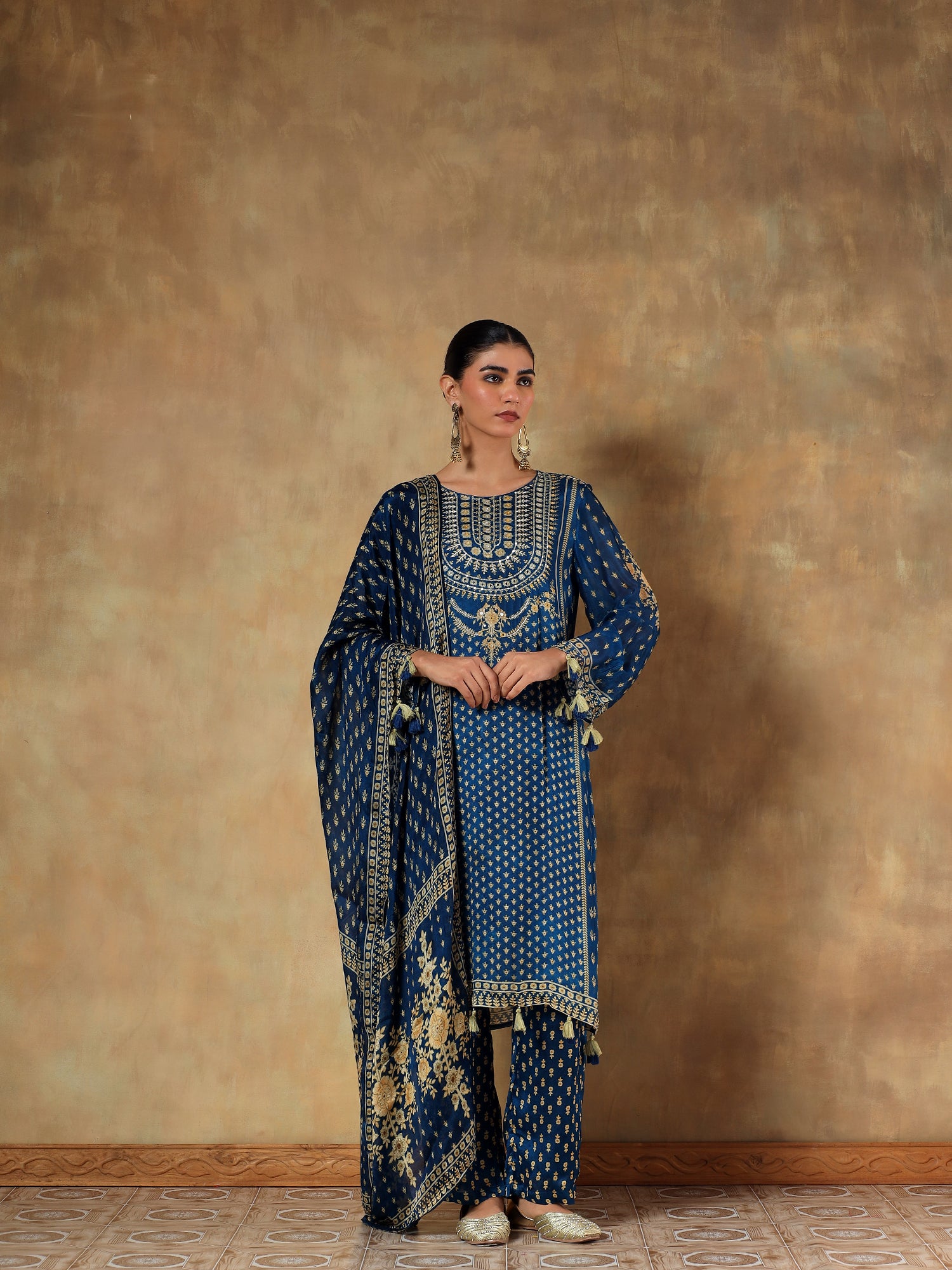 Noorvi Navy Viscose Silk Embroidered 3-Piece Set - {1085/M}