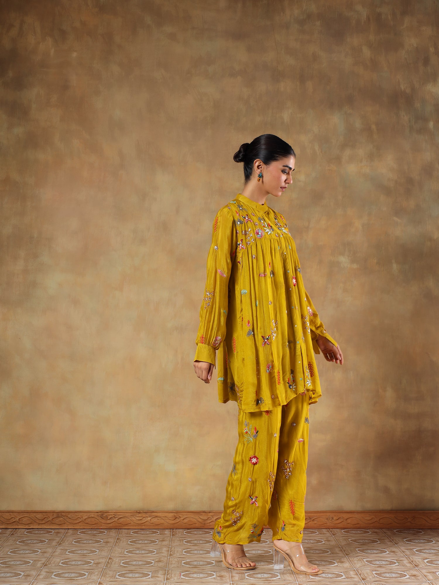 Amara Mustard Pure Chinon Embroidered 2-Piece Set - {1091/L}