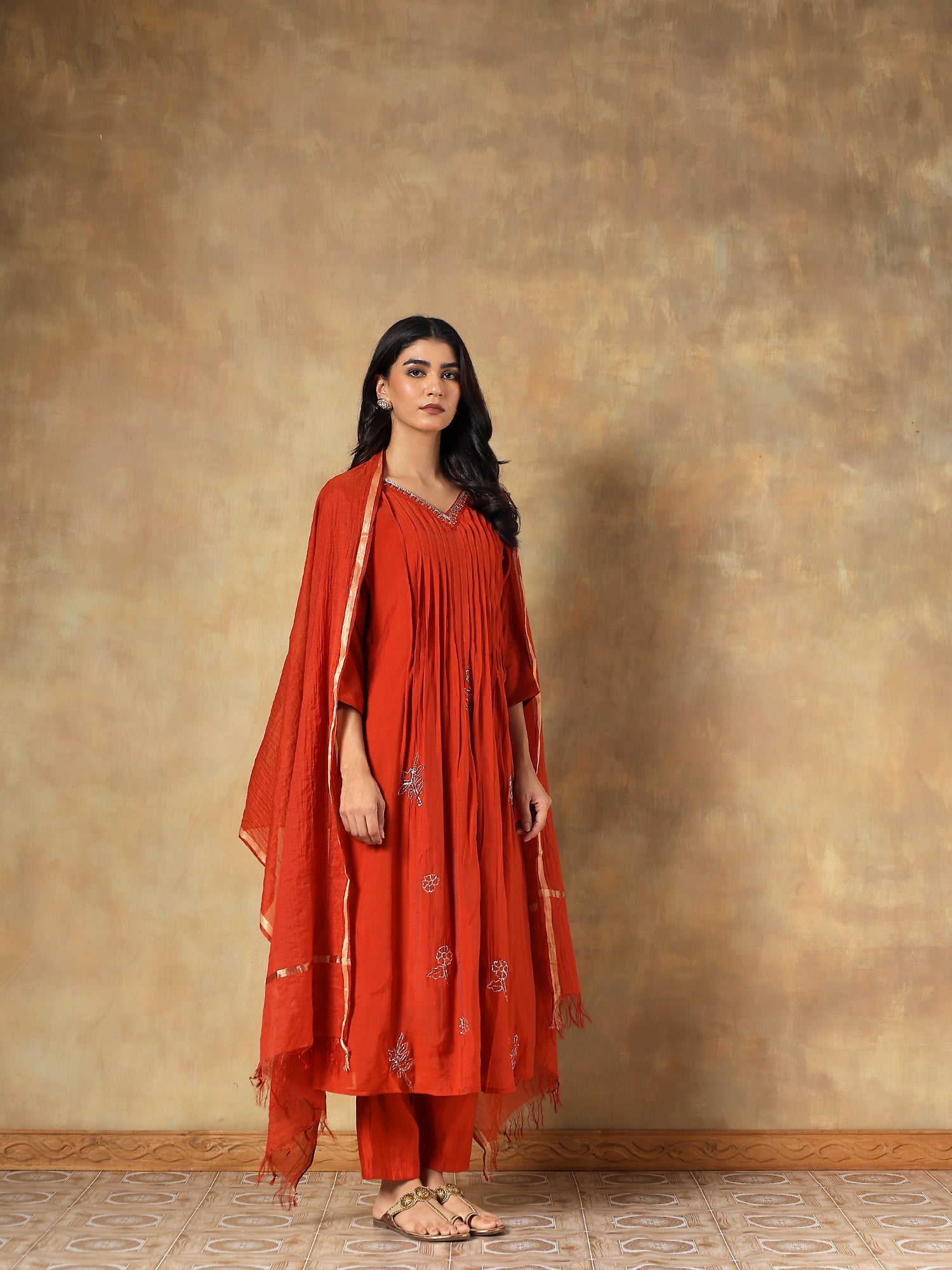 Sangria rust Mul Chanderi Embroidered 3-Piece Set - {1080}