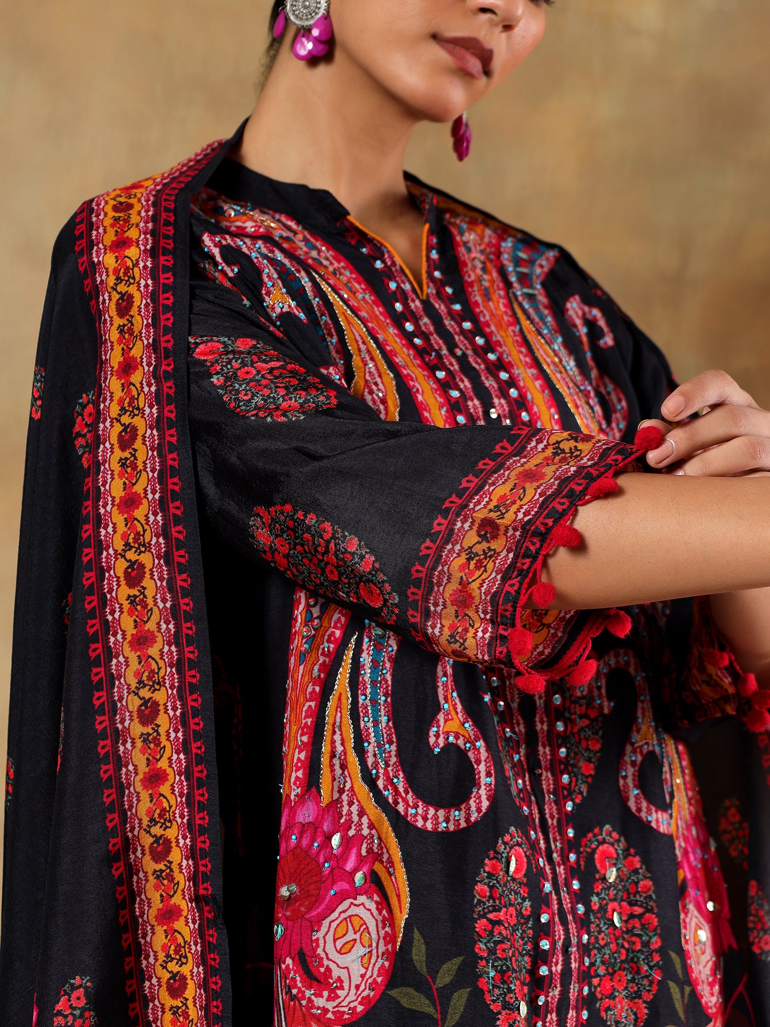 Ruhani Black Pure Muslin Printed 3-Piece Set - {1086}