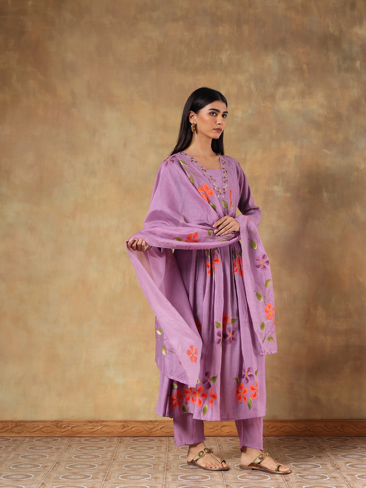 Tavisha Mul Chanderi Hand-Embroidered 3-Piece Set (Devri – D.No 1077)