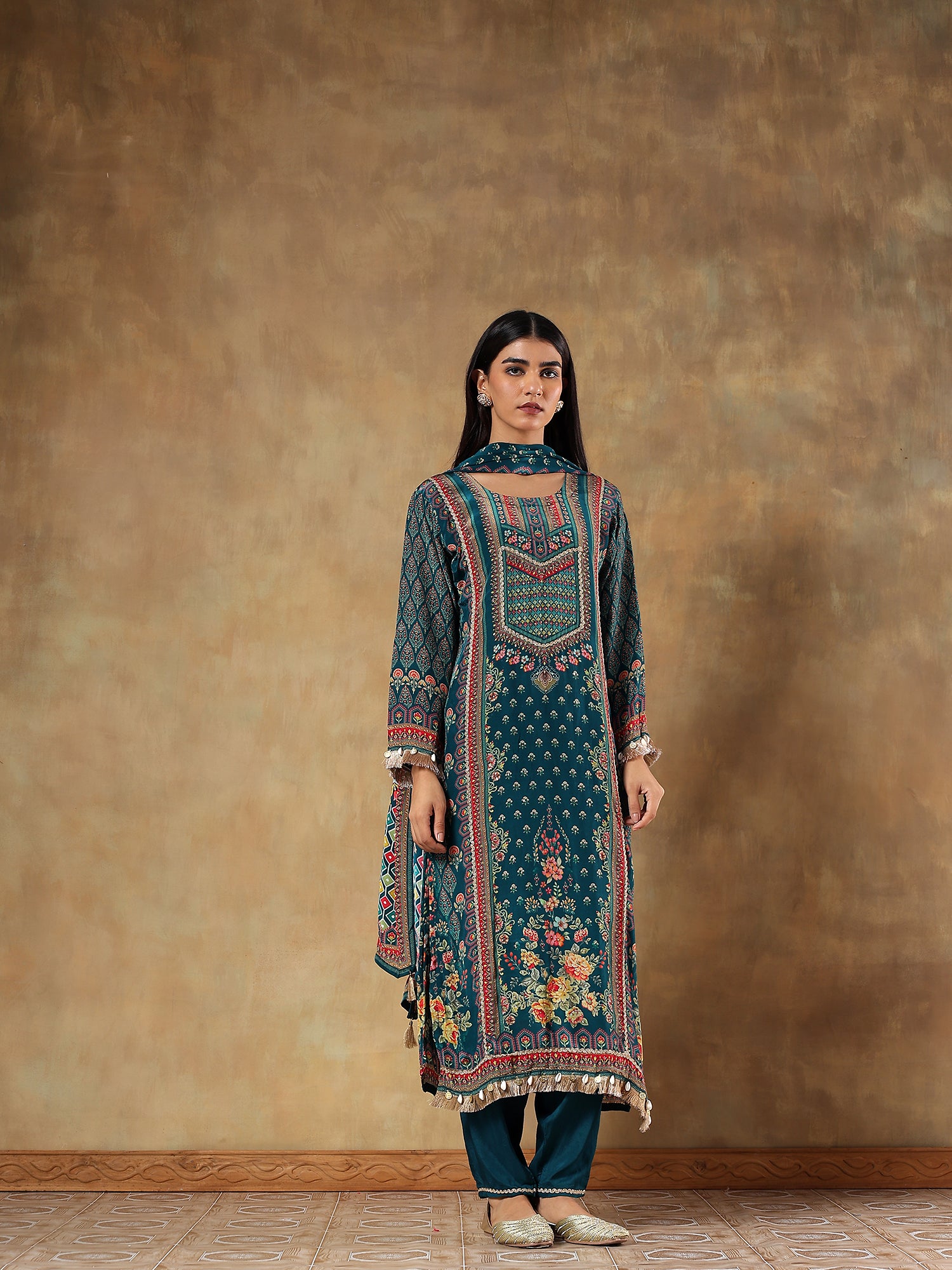 Amaira Teal Natural Crepe Printed 3-Piece Set - {2008/L}