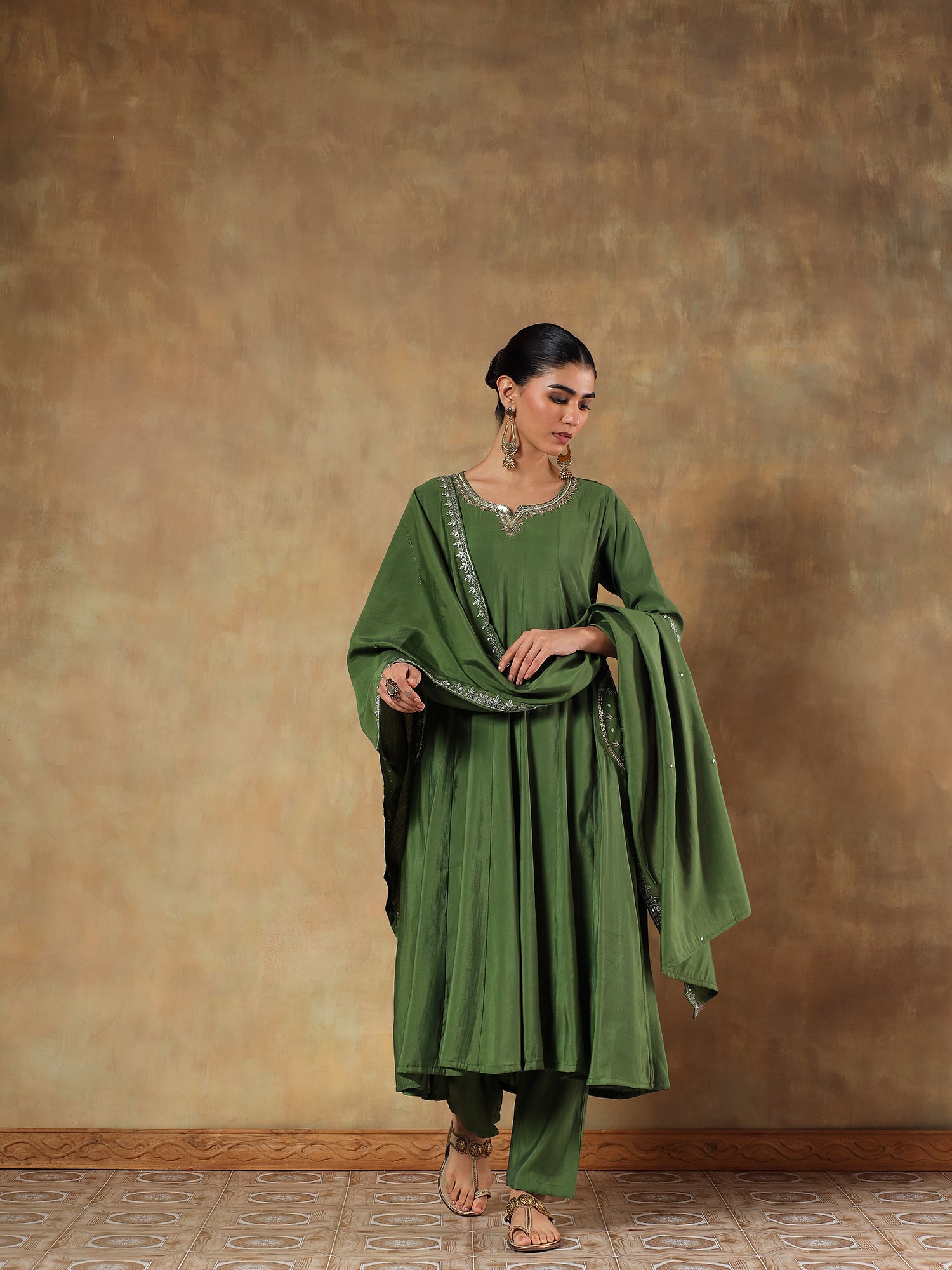 Aarvi Olive Crepe Silk Embroidered 3-Piece Set - {1094/M}