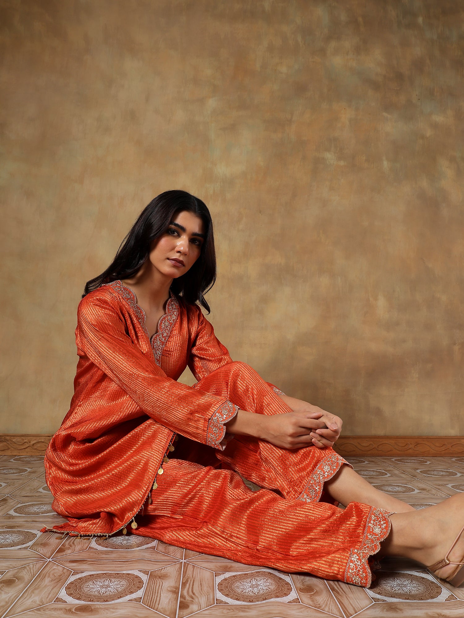 Striking Saffron-Orange Tissue-Silk Ensemble - Set Of 2- {1098}