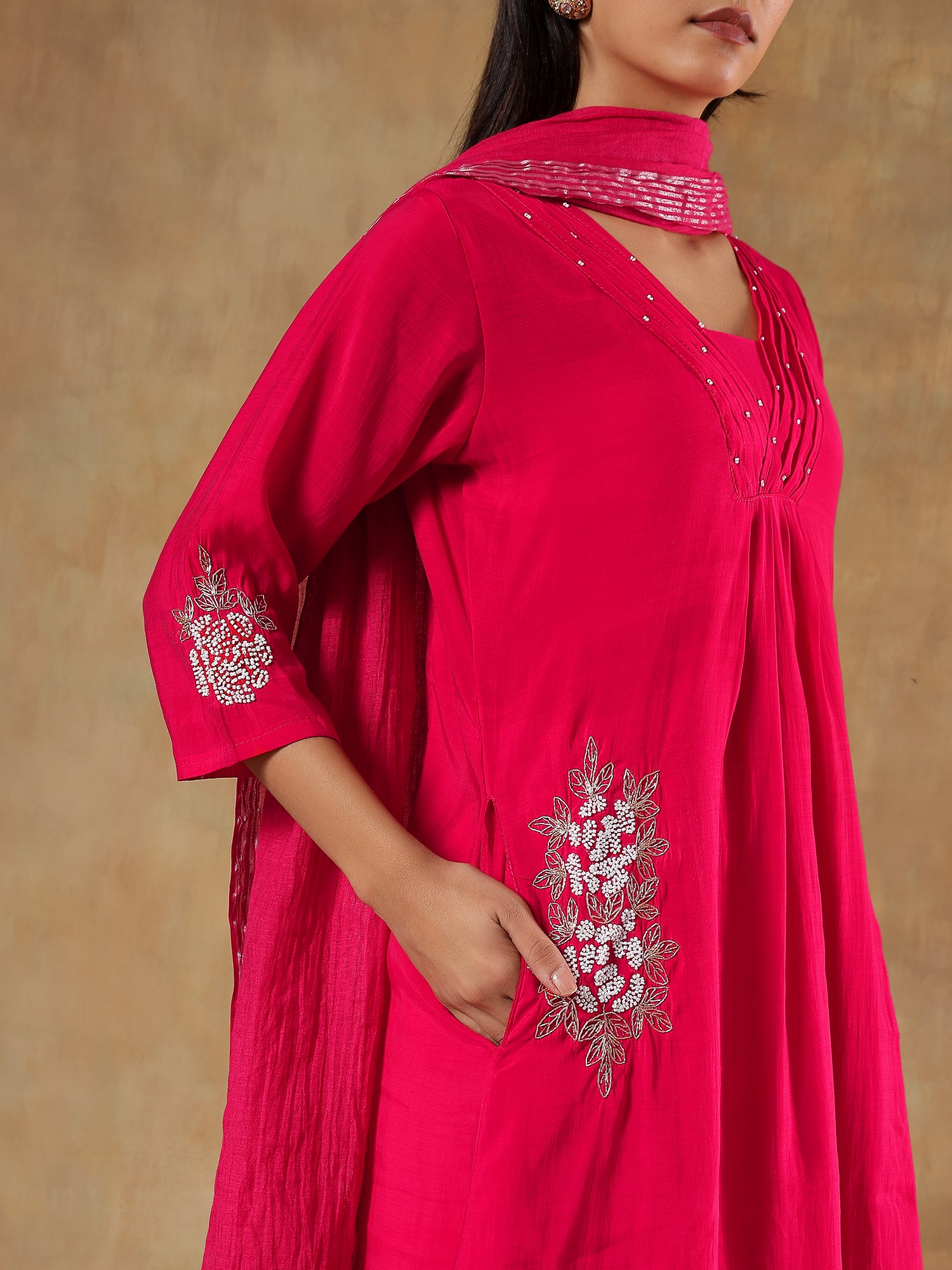 Aarini Fuchsia Mul Chanderi Embroidered 3-Piece Set - {1071/M}
